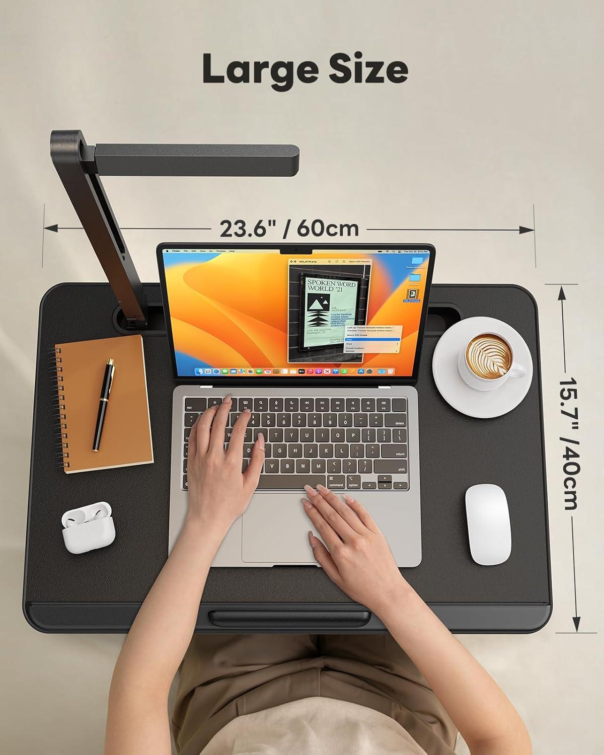 Laptop Table with LED Desk Light, SAIJI Laptop Stand for Bed, Height Adjustments Bed Desk with Book Stand for Reading Writing Drawing (Black)