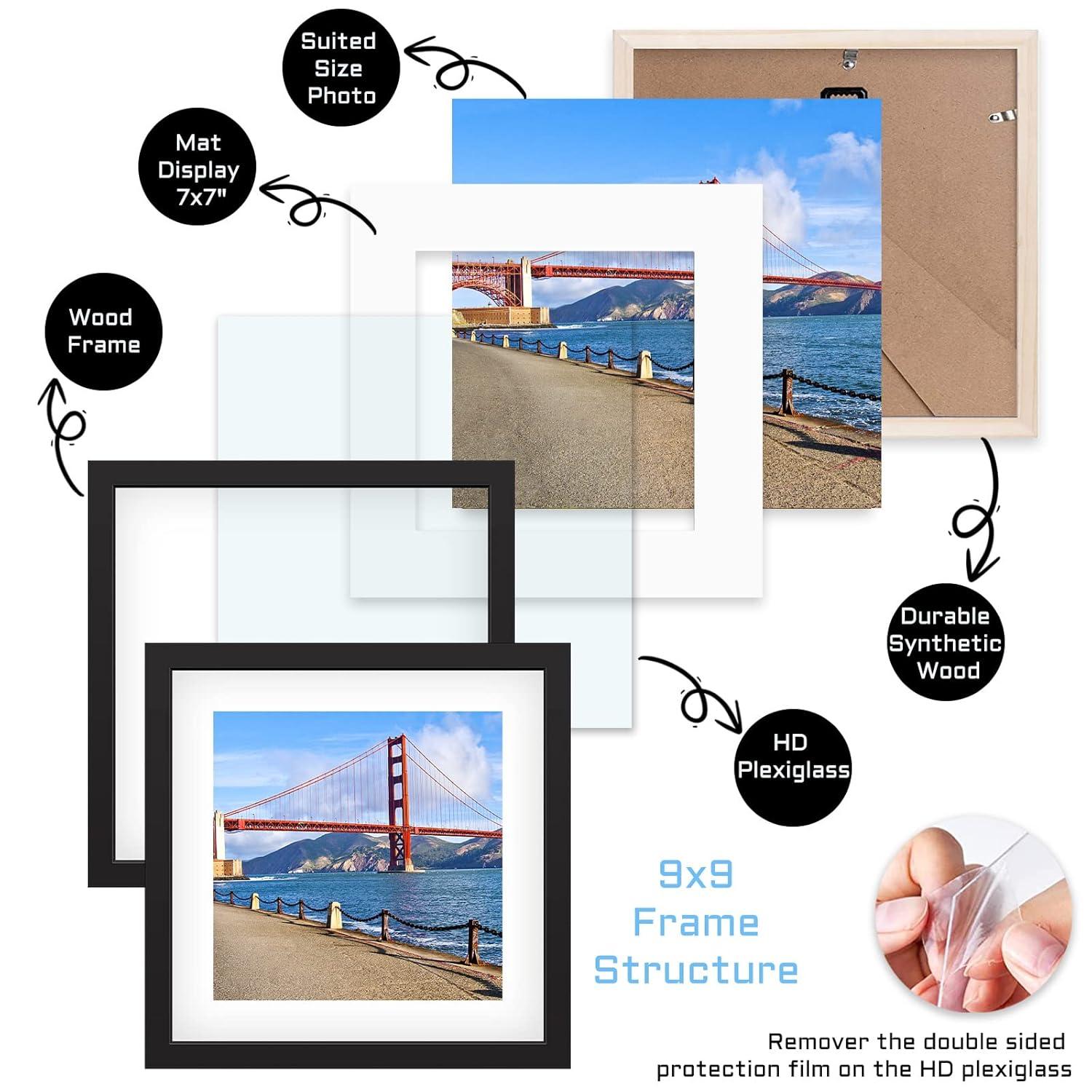 9x9 inch Wood Picture Frame for Wall Hanging or Tabletop Square Photo Frames with 1 Mats Display 7x7 inch for Baby Scan,Poster,Walls Decoration,Anniversary,Wedding,Christmas,Diamond Painting(Black)