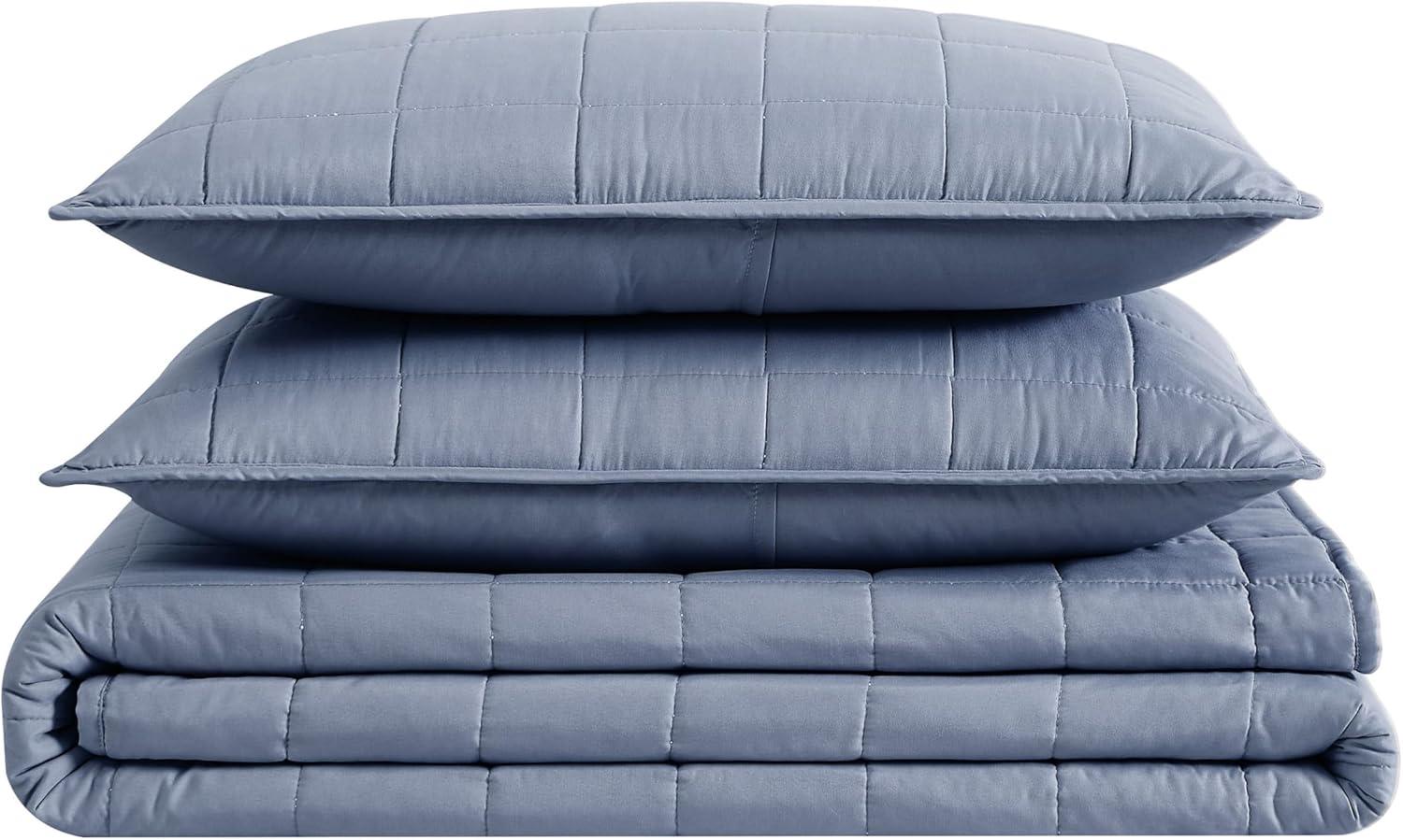 2pc Twin/Twin Extra Long Garment Wash Solid Quilt Set Blue - London Fog: Microfiber Bedding with OEKO-TEX Certified