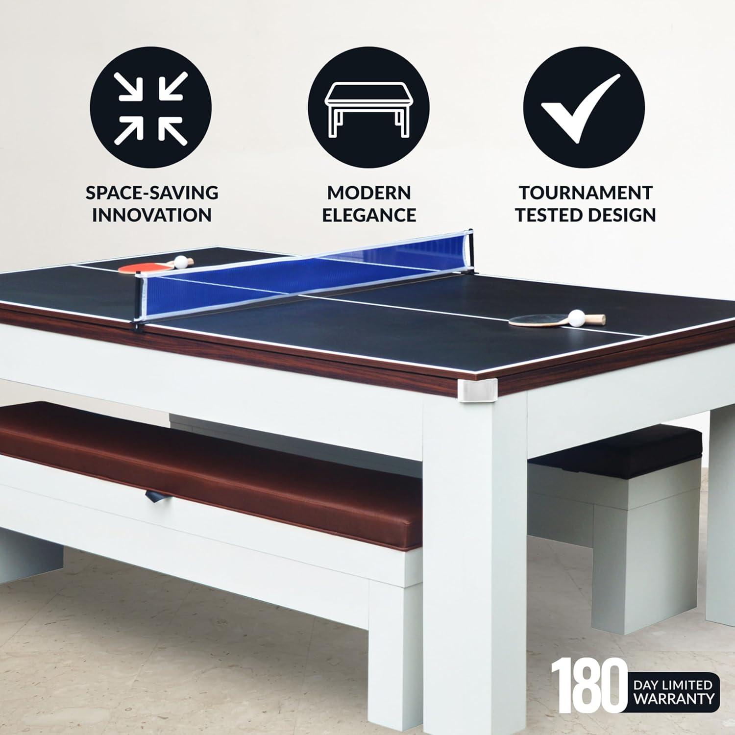 Hathaway Newport Stylish 7 Ft Multi Game Pool Table Combo with Dining Top and Ping Pong – Includes Benches for Home Storage and Accessories