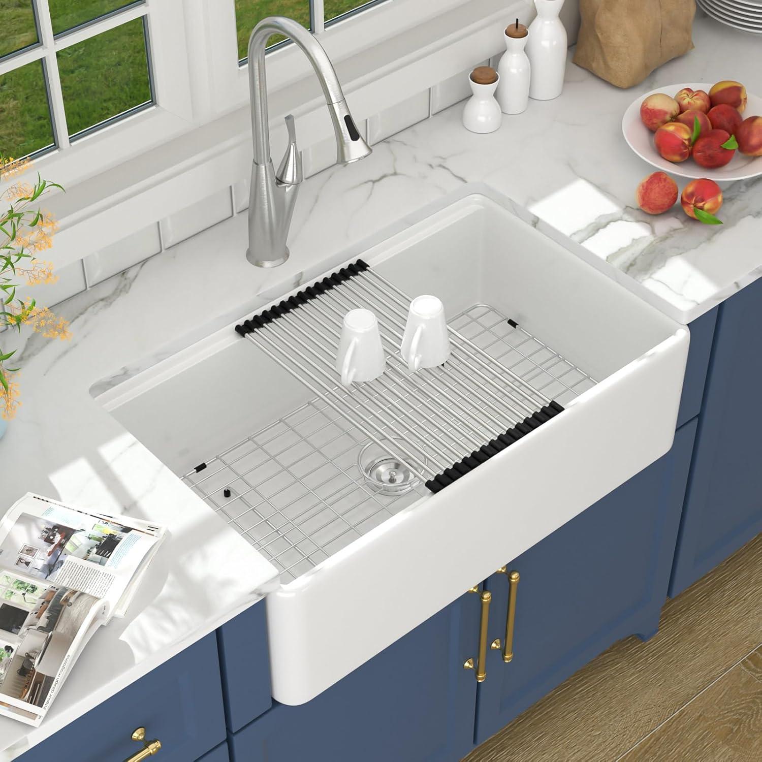 33"L x 20"W Farmhouse Kitchen Sink Deep Single Bowl Fireclay Workstation Sink with Cutting Board and Dish Drying Rack