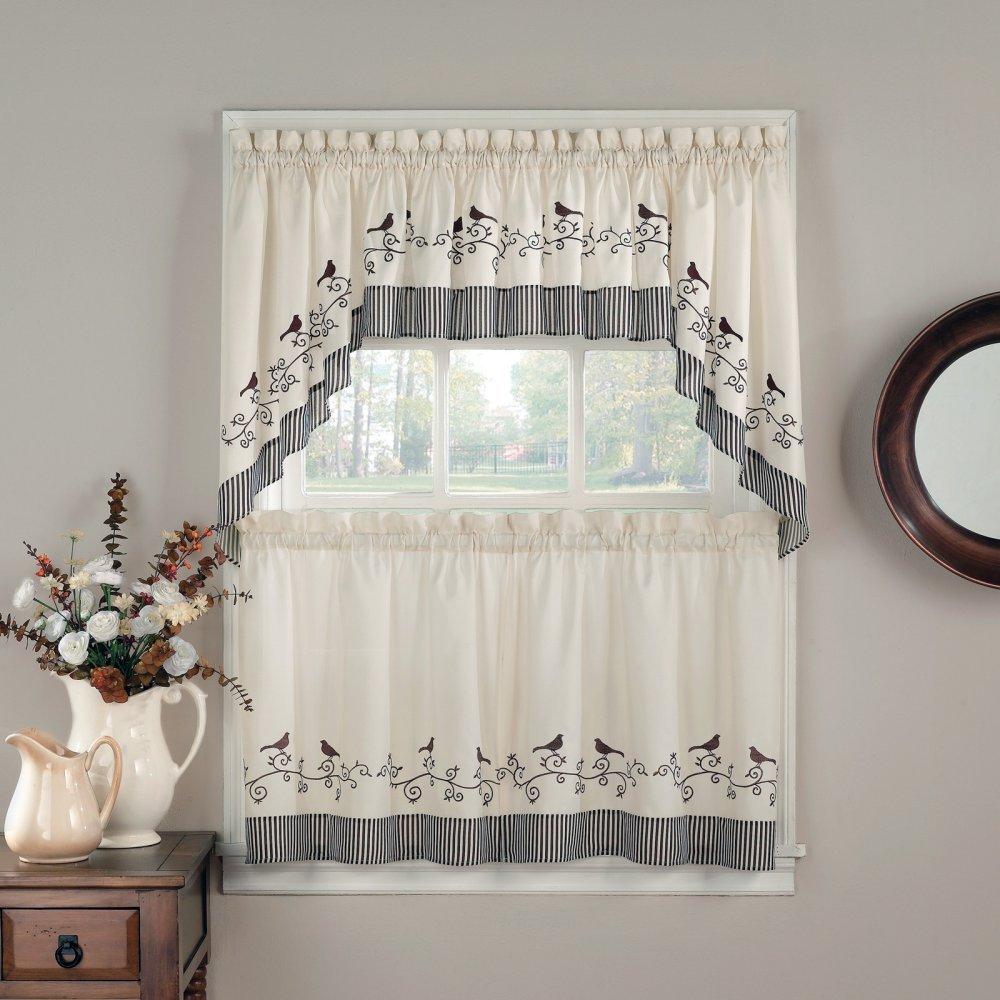 CHF & You Birds Tailored Tiered Curtains, 1 Piece, Cotton, Brown, Polyester, Adult