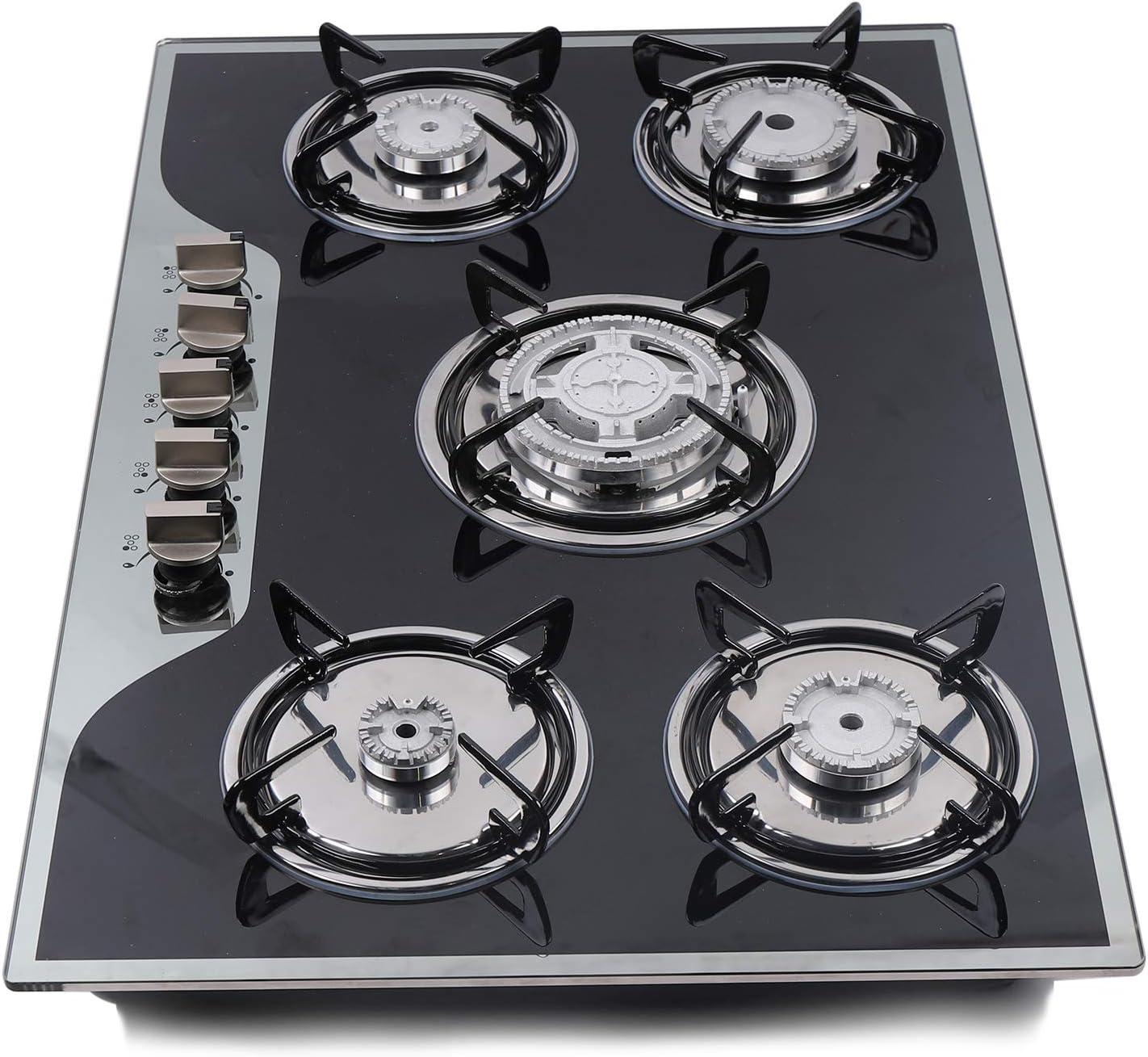 30"  Gas Stove Cooktop, 5 Burners Built-in Tempered Glass LPG/NG Stove with Flameout Protection for Kitchen Black