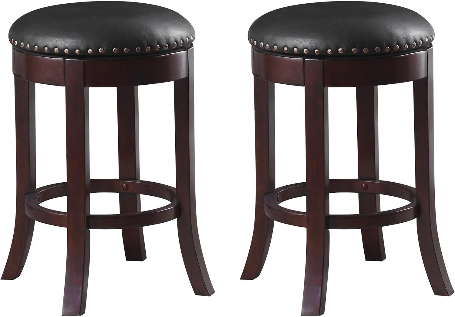 24" Brown Faux Leather Swivel Counter Stools with Wood Legs