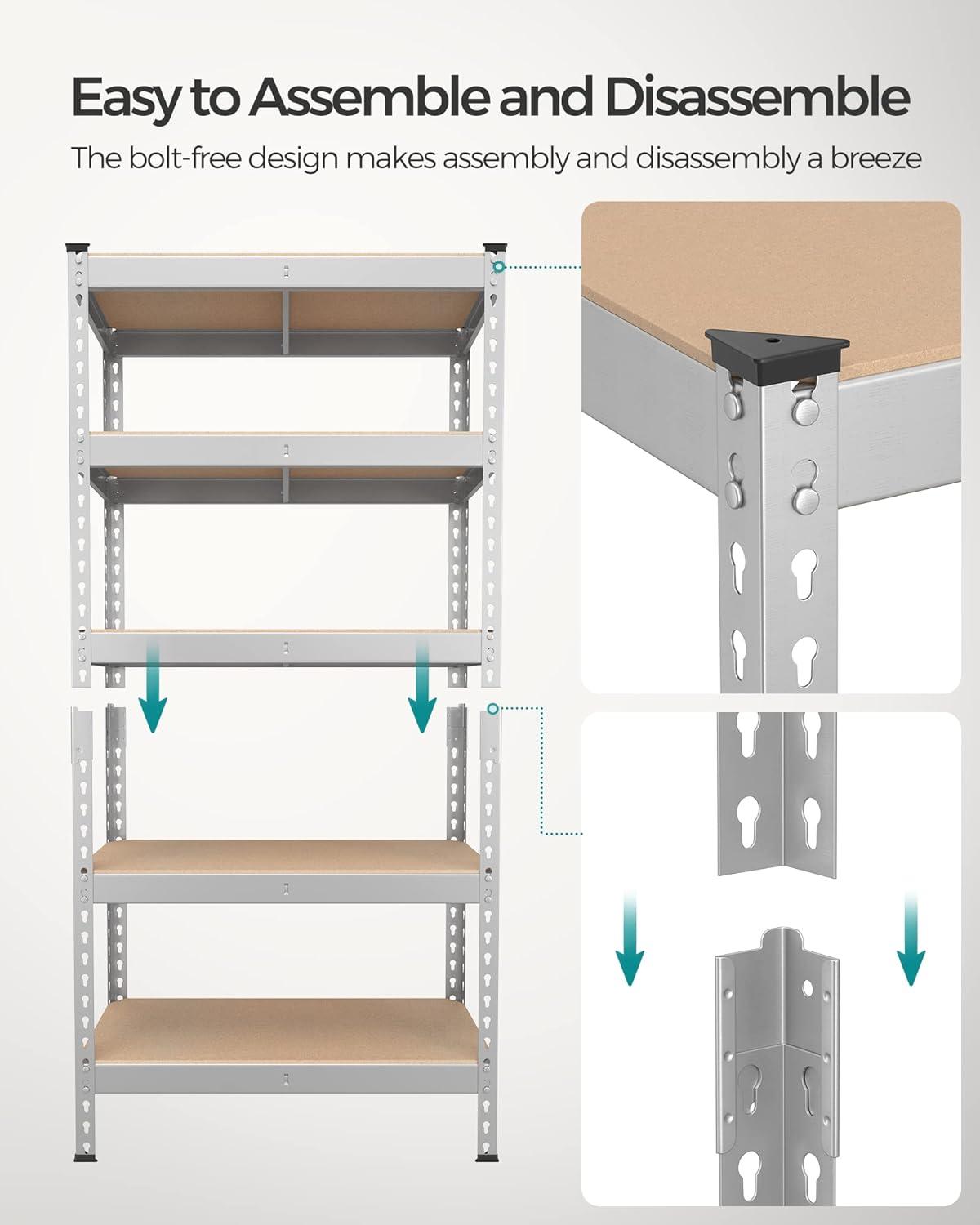 SONGMICS 5-Tier Storage Shelves Metal Garage Storage Boltless Assembly Adjustable Shelving Unit 11.8 x 29.5 x 59.1 inches Load 1929 lb for Shed Warehouse Basement Kitchen Silver