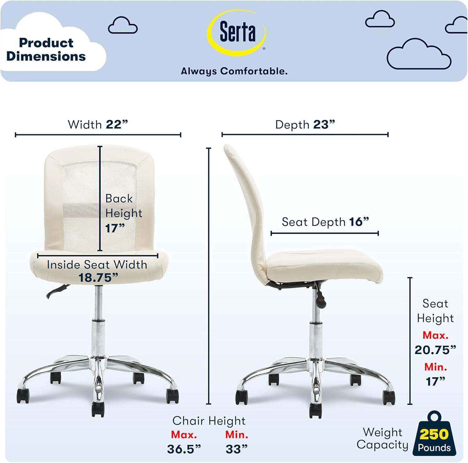 Serta Essential Armless Functional Task Chair with Breathable Mesh Back, Quality Foam Cushion Seat