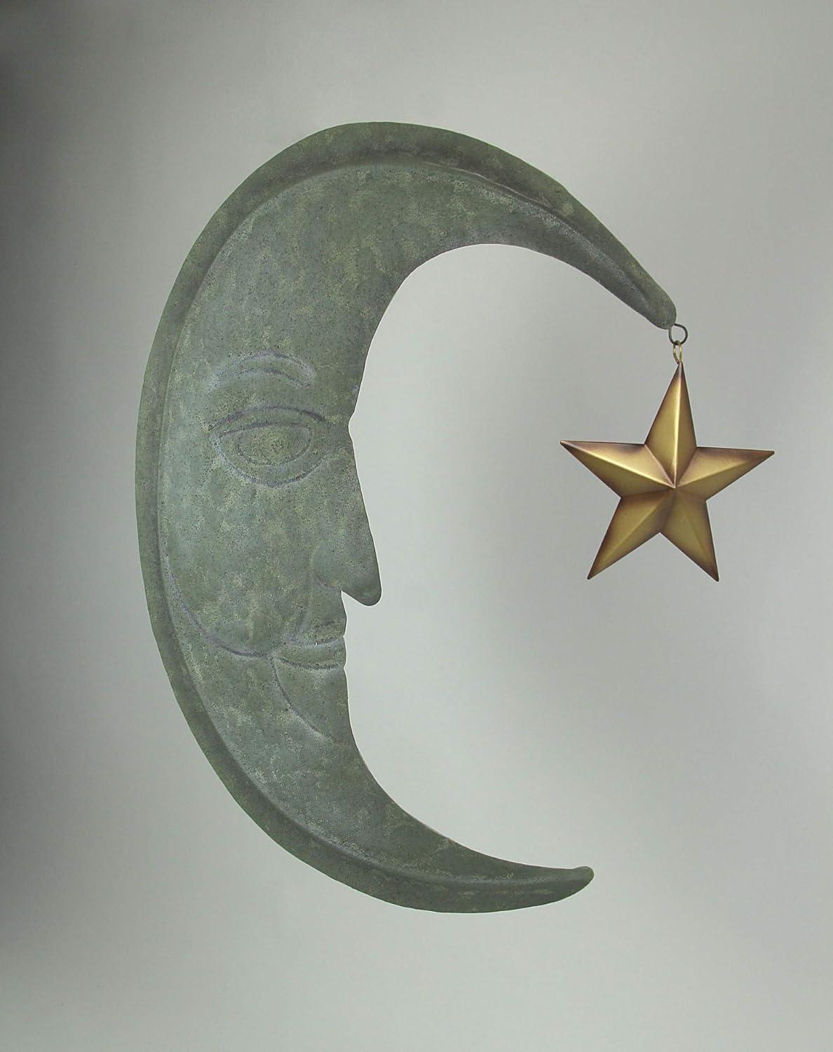 Zeckos Green Metal Textured Crescent Moon Wall Décor with Star Dangler