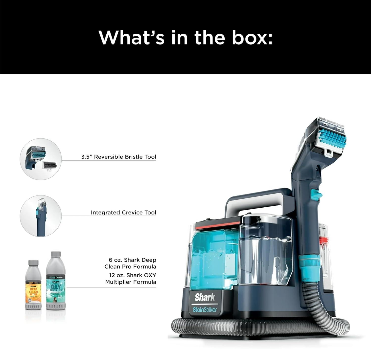 Shark StainStriker Portable Spot & Stain Remover, Carpet & Upholstery Cleaner with 2 tools, 6 oz. Deep Clean Pro Formula and 12 oz. OXY Multiplier Formula.