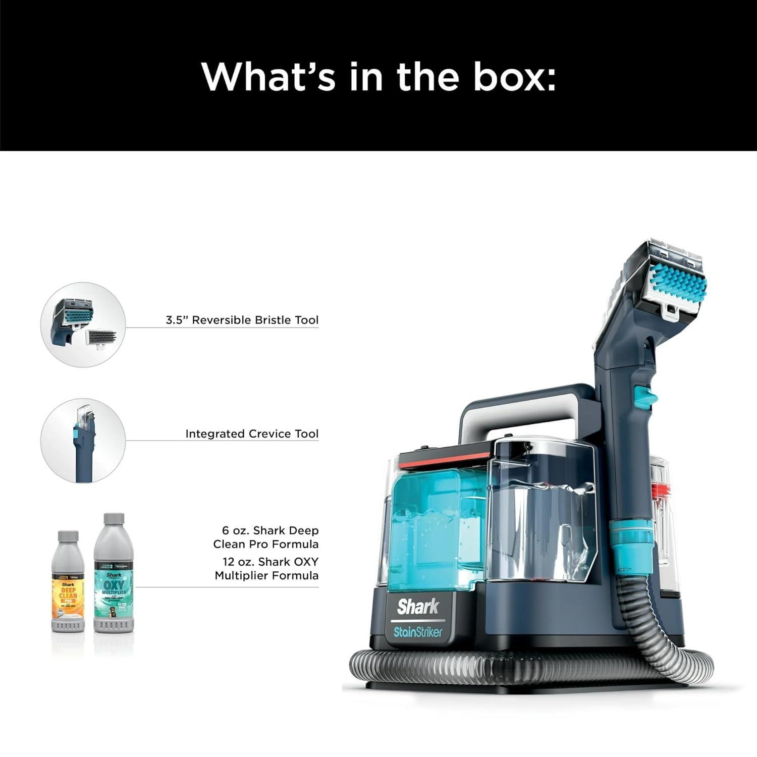 Shark StainStriker Portable Spot & Stain Remover, Carpet & Upholstery Cleaner with 2 tools, 6 oz. Deep Clean Pro Formula and 12 oz. OXY Multiplier Formula.