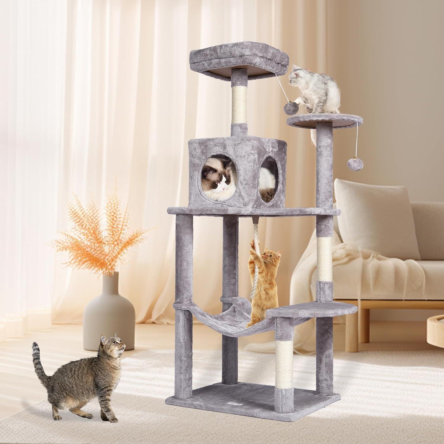 Light Grey 56.2" Cat Tree Tower with Hammock and Condo