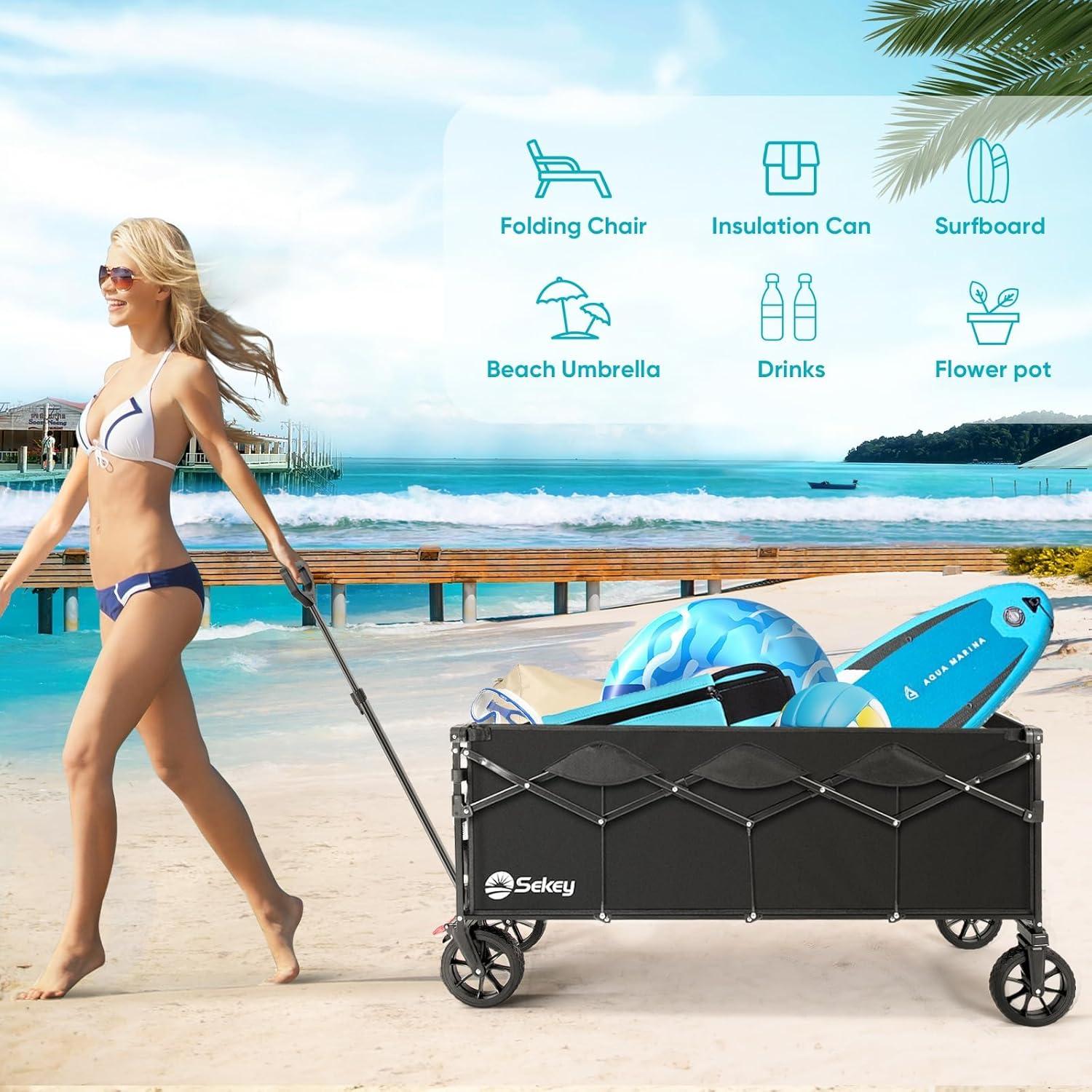 Sekey 43" Extended Collapsible Wagon 400L Large Capacity, 440LBS Heavy Duty Folding Utility Garden Cart with All-Terrain Wheels for Camping, Sports, Shopping.Black