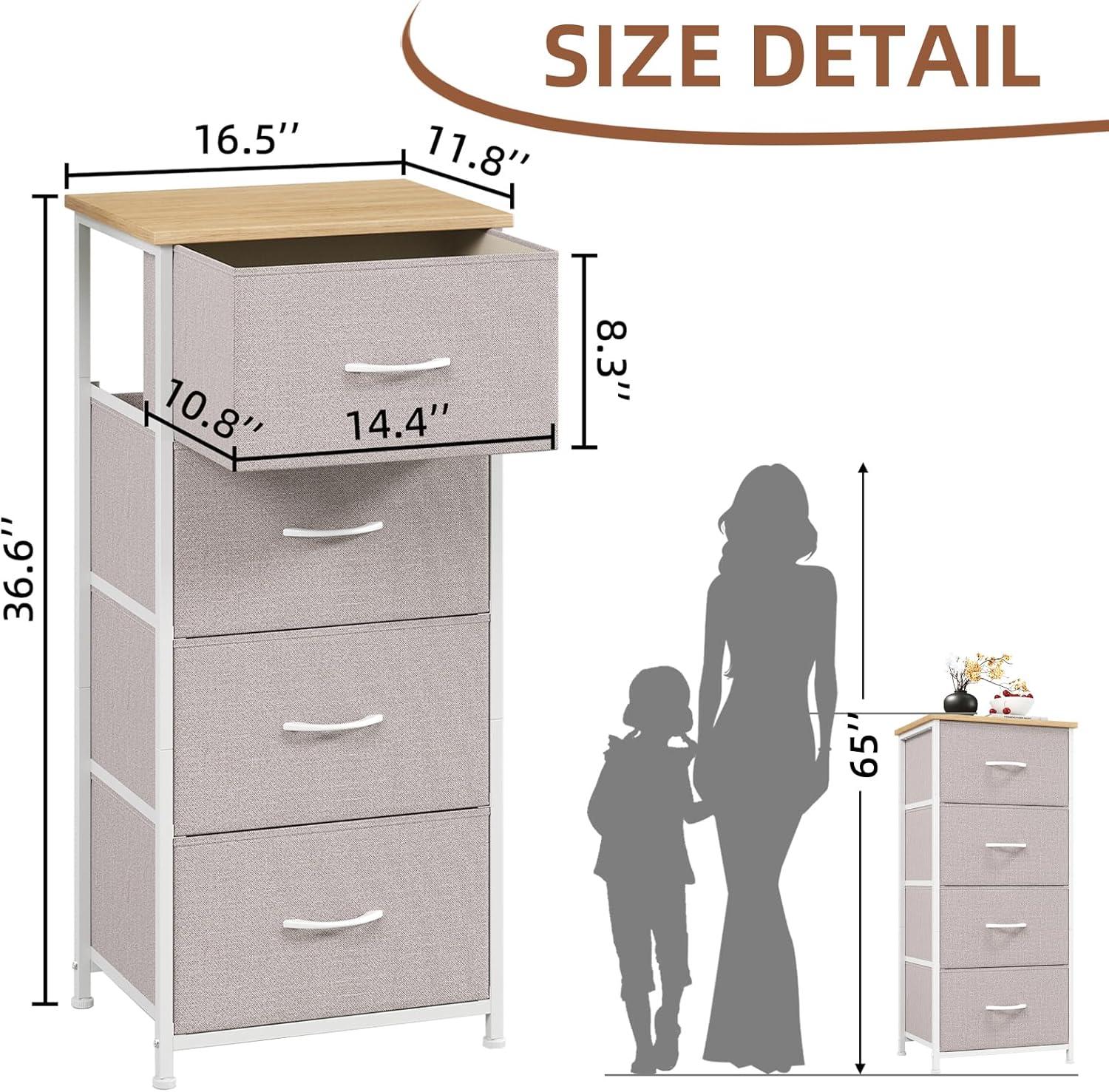 Somdot 4 Drawer Dresser, Chest of Drawers Fabric Vertical Nightstand for Bedroom, Black Rustic Brown