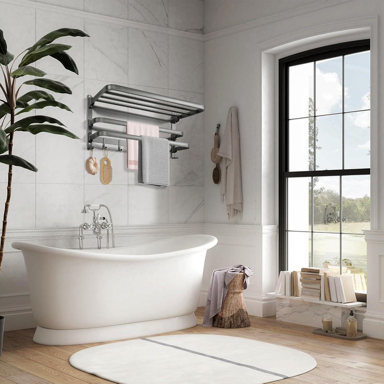 VOLDRA Towel Racks for Bathroom, 24-Inch Towel Shelf with Towel Bar Foldable Towel Holder with 7 Hooks Towel Storage Organizer for Bathroom & Lavatory Wall Mounted(Matte Black)