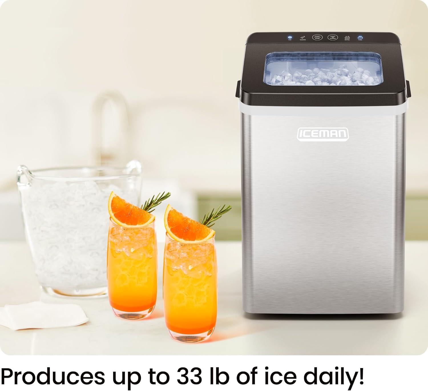 Iceman Pebble Countertop Ice Maker with Ice Scoop and Basket - Stainless Steel, New