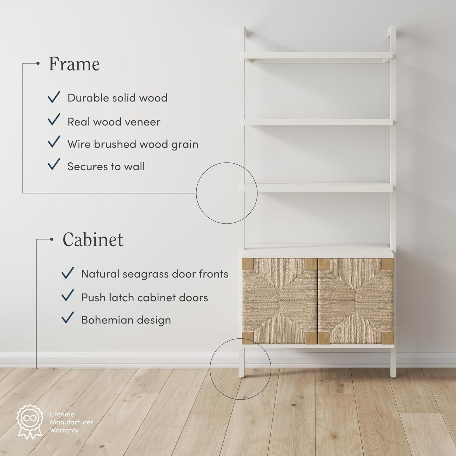 Warm White Solid Wood Bookcase with Adjustable Seagrass Cabinets