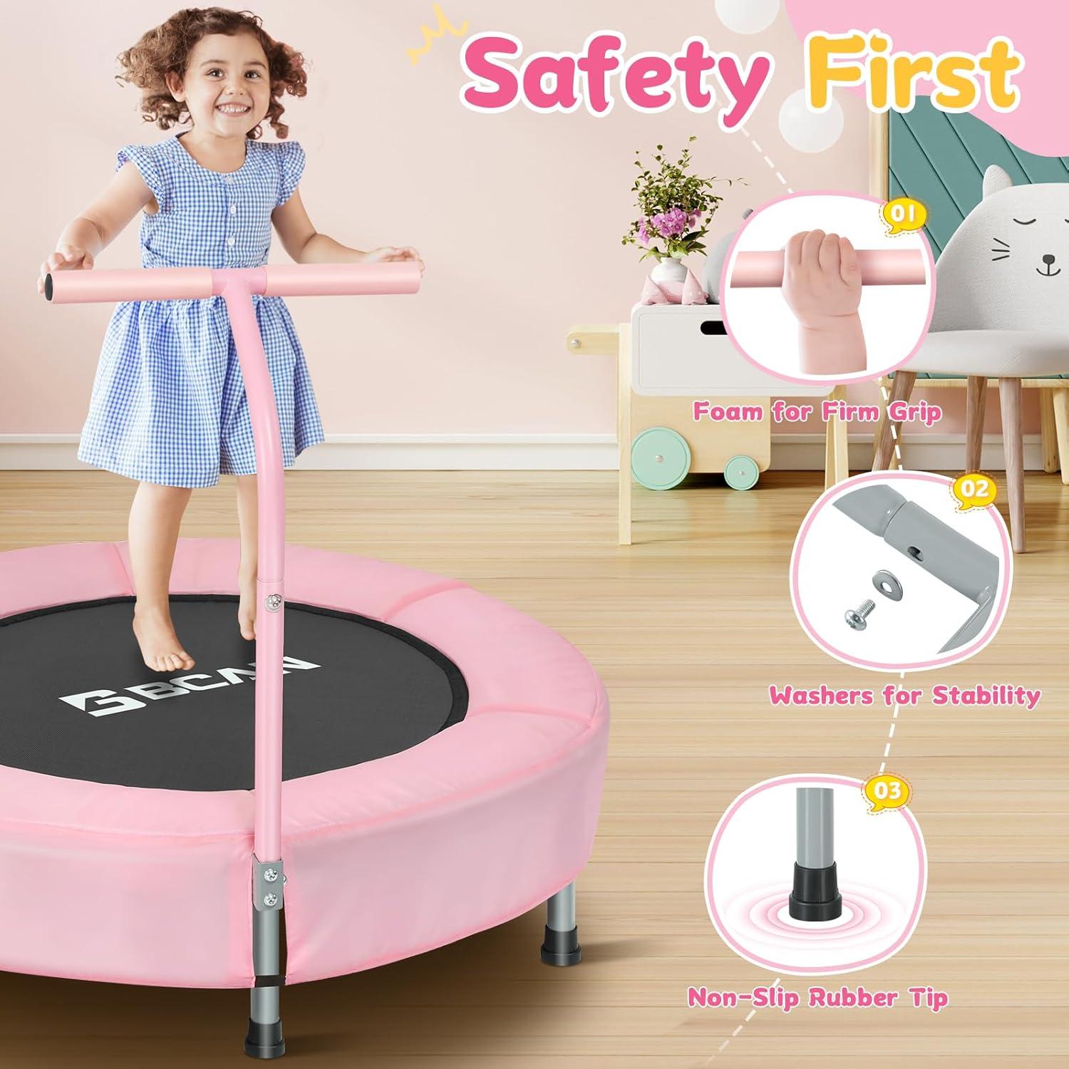 Pink Round Mini Trampoline with Handle for Kids