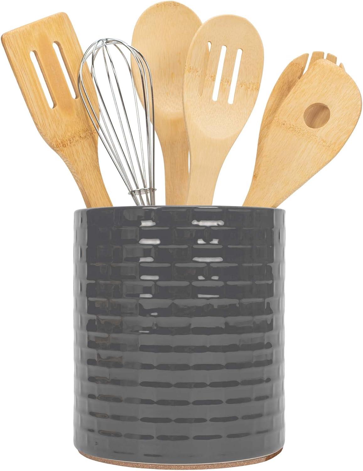 Elanze Designs Embossed Subway Tile Ceramic Stoneware Cork Bottom Kitchen Utensil Holder, Black