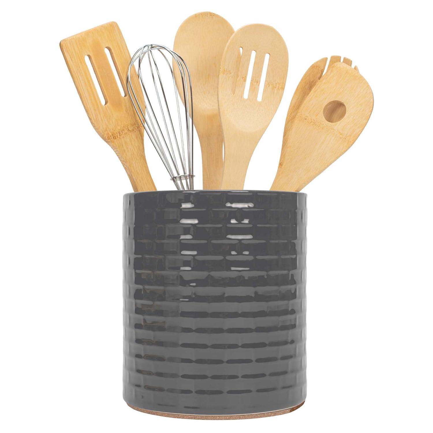 Elanze Designs Embossed Subway Tile Ceramic Stoneware Cork Bottom Kitchen Utensil Holder, Black