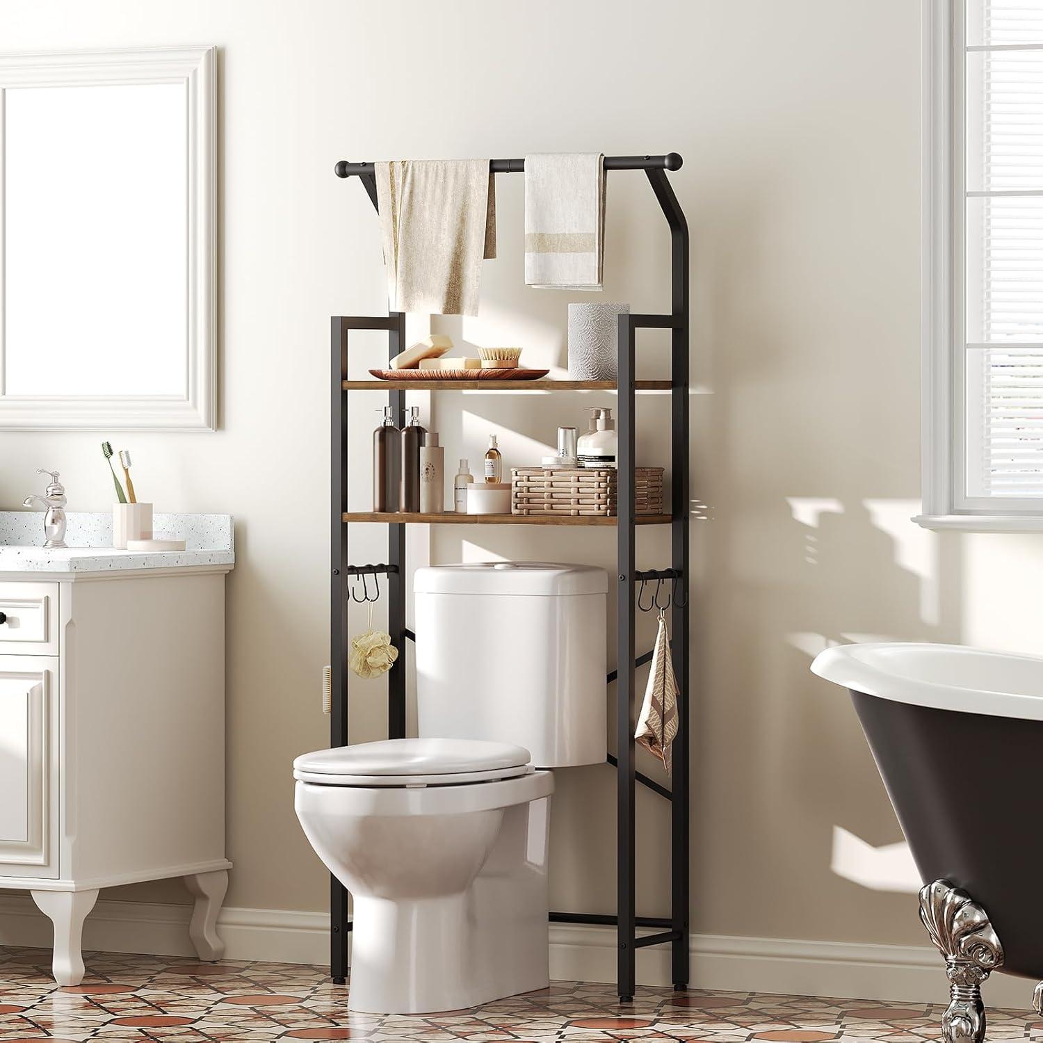 Over The Toilet Storage, 2-Tier Bathroom Organizer Shelves with Hooks, Multifunctional Vertical The Toilet Shelf Storage Rack for Bathroom, Rustic Brown and Black TR01BR