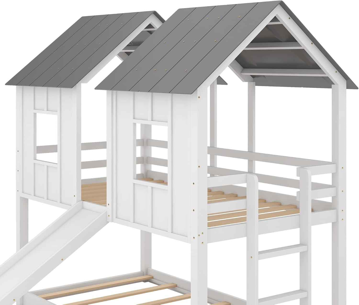 MERITLINE House Bunk Bed with Slide Twin Over Twin, Kids House Bunk Beds with Roof and Windows, Playhouse Bed for Kids, Girls, Boys, No Spring Box Needed, White