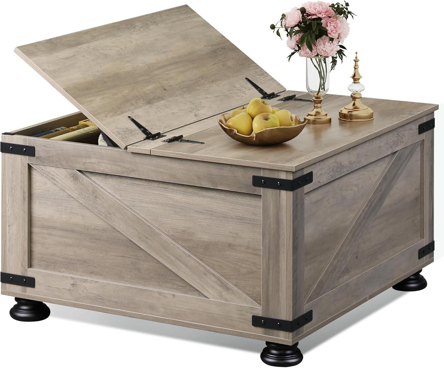 WLIVE Farmhouse Coffee Table, 31.5" Square Wood Center Table with Flip-Top Lids and Large Hidden Storage Compartment for Living Room, Bedroom, Grey Oak