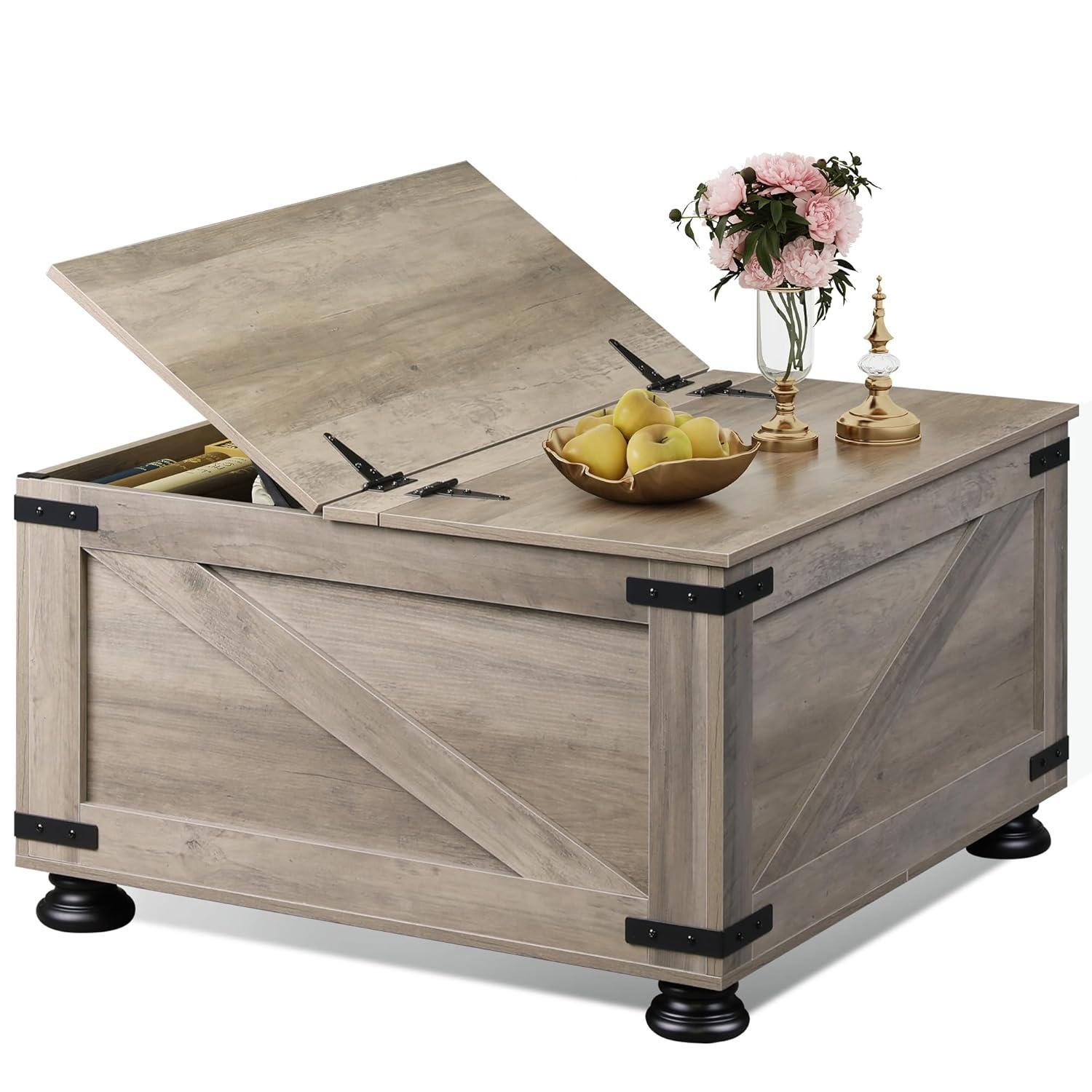 WLIVE Farmhouse Coffee Table, 31.5" Square Wood Center Table with Flip-Top Lids and Large Hidden Storage Compartment for Living Room, Bedroom, Grey Oak