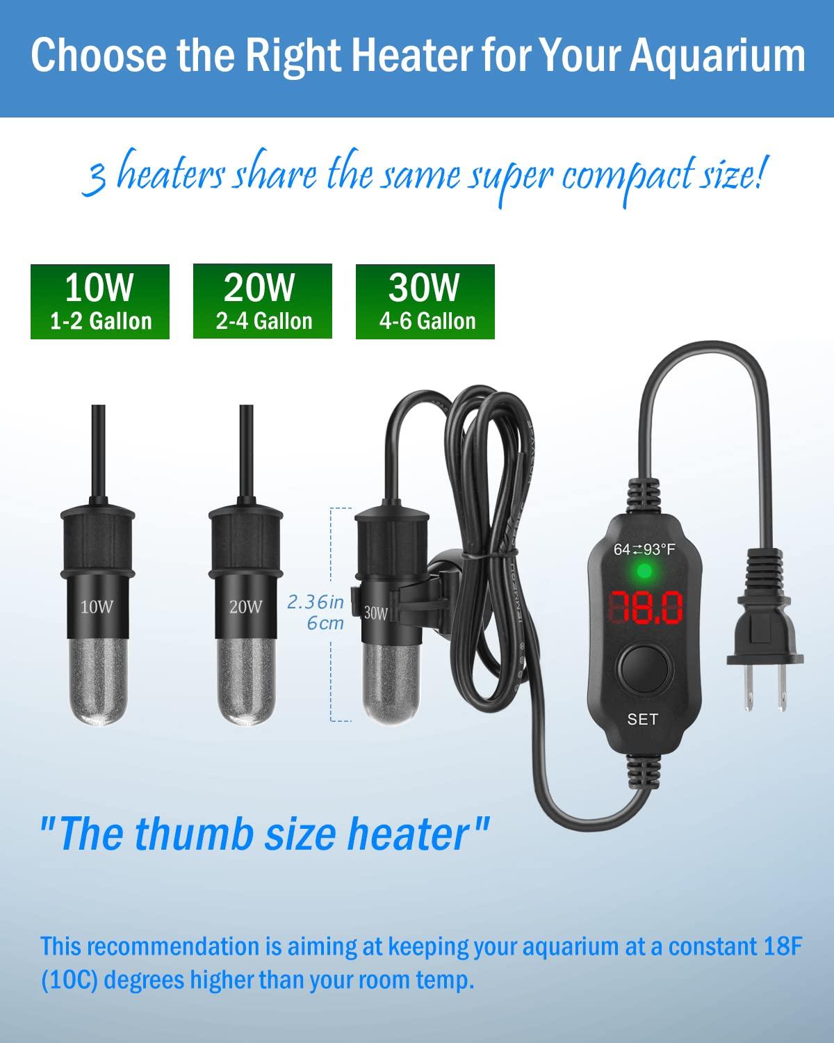 AquaMiracle Adjustable 20W Small Aquarium Heater Submersible Fish Tank Heater Betta Heater Turtle Heater Super Mini Aquarium Heater with Digital Display Thermostat, for 2-4 Gallon Tanks