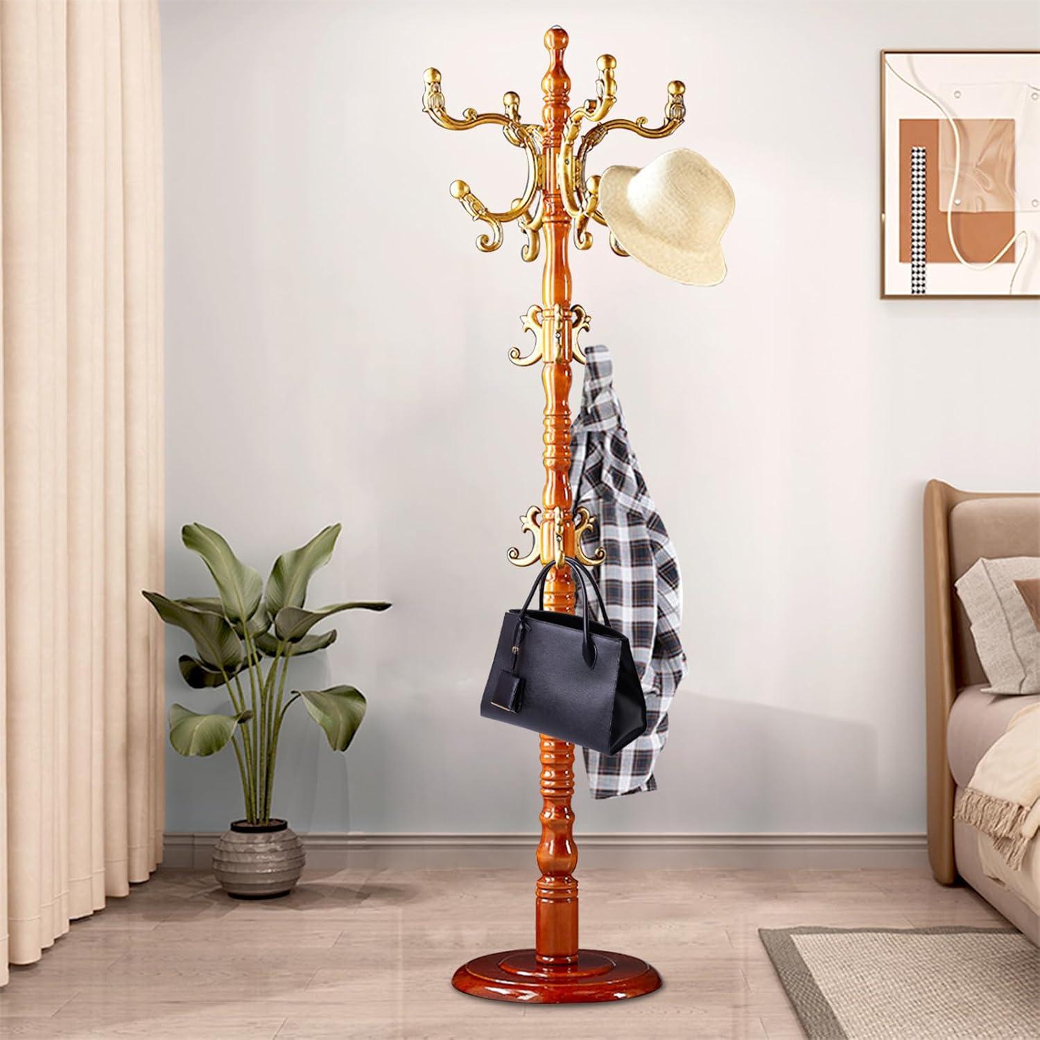 Red Barrel Studio® Wood Coat Rack Stand, Wooden Coat Rack Freestanding With Sturdy Round Base, Coat Racks With 14 Hooks, Natural Birch Wood Entryway Coat Tree Hanger Stand Easy To Assemble