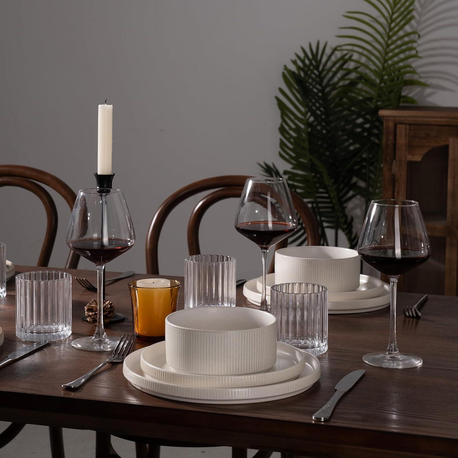 Famiware Star Stoneware Dinnerware Sets, Plates and Bowls Set for 4, 12 Piece Dish Set, Matte White