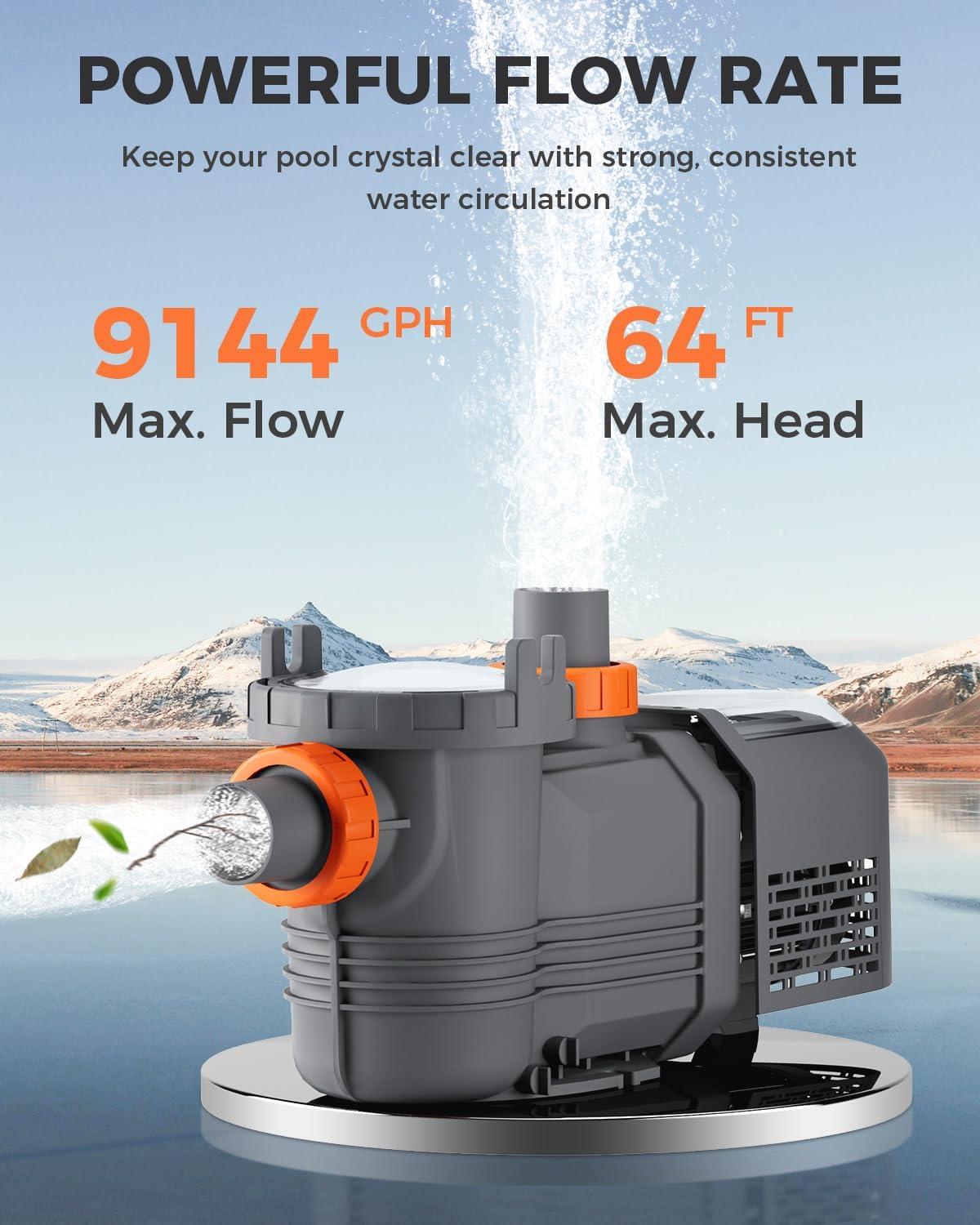 Variable Speed Pool Pump 1.8HPwith Smart Control - Energy Efficient, Quiet Operation, Built-in Safety & Easy Maintenance - Ideal for In-ground and Above-ground Pools