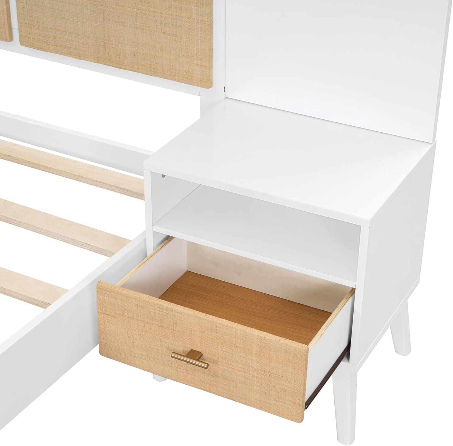 Queen Size Solid Wood Bed Frame with 2 Nightstands, Elegant Rattan and Wood Combination Platform Bed with Lamps, White - ModernLuxe