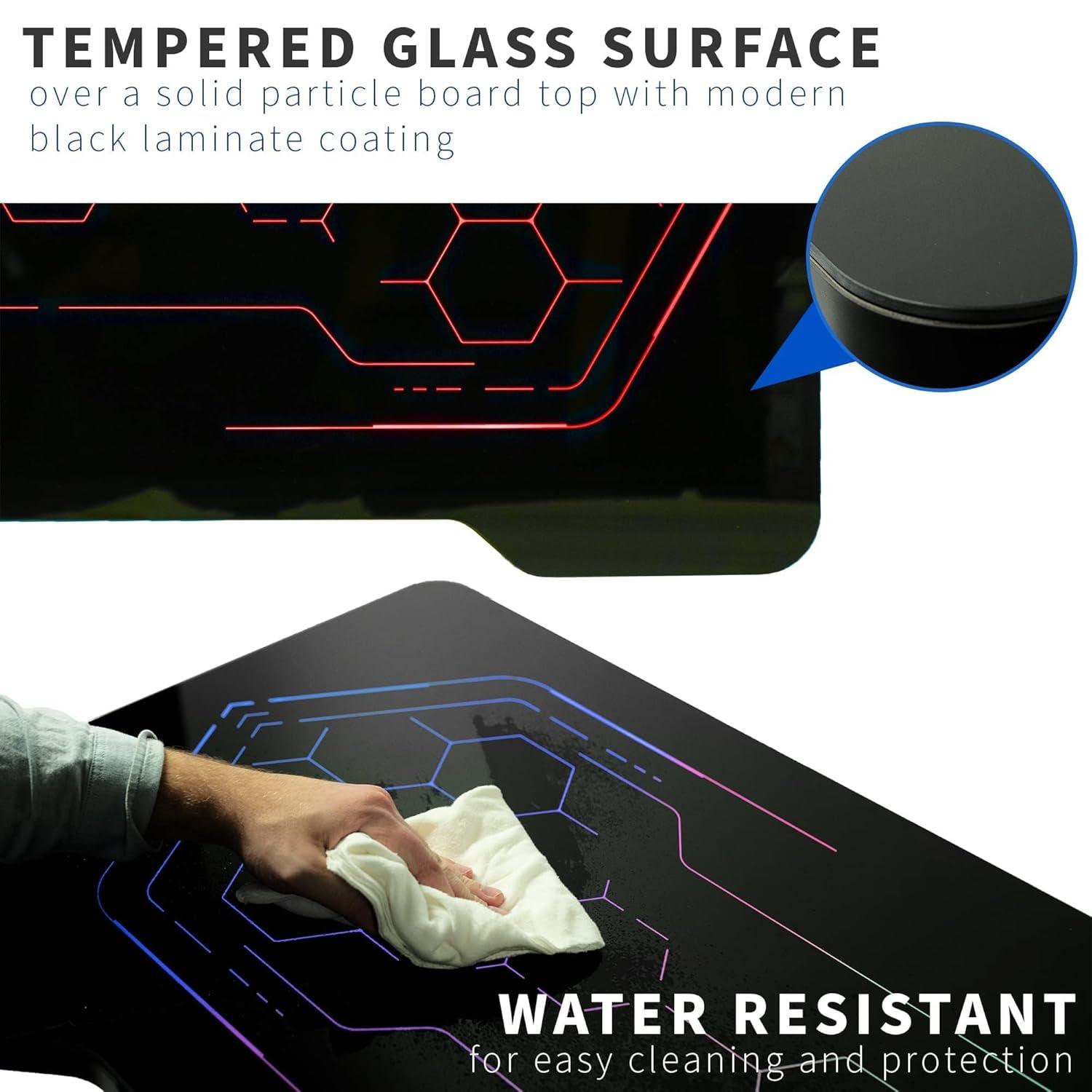 Universal 48 x 24 inch Solid One-Piece Tempered Glass Gaming Desktop with Breathing RGB Geo-Honeycomb LED Lights for Sit Stand Height Adjustable Desks, Gamer Workstation, Black, DESK-TOP48BG