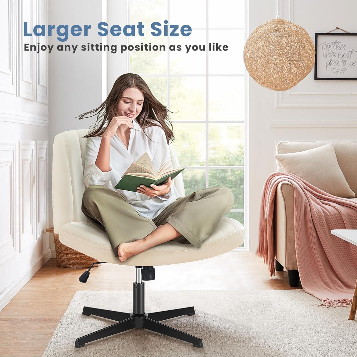 Criss Cross Chair with Wheels, Cross Legged Office Chair, Wide Comfort Desk Chair, Armless Computer Task Chair, Swivel Fabric Vanity Home Chair, Height Adjustable