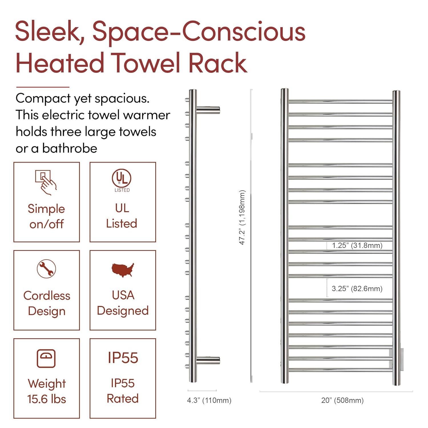 Heated Towel Rack, 20-Bar Wall Mounted Towel Warmer Polished Stainless Steel for Luxury Spa-Like Comfort in Your Bathroom, Electric Hardwired 190 W (WarmlyYours Bellagio)
