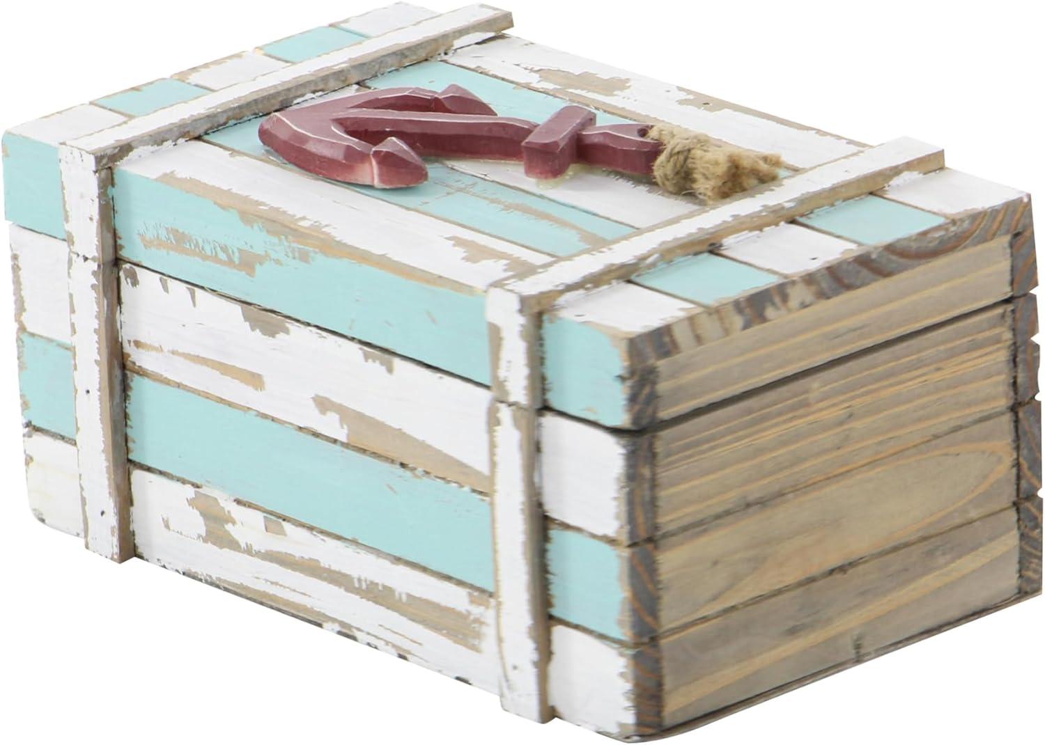 DecMode Teal Wood Decorative Box with Anchor Detail and Hinged Lid, 2 Count