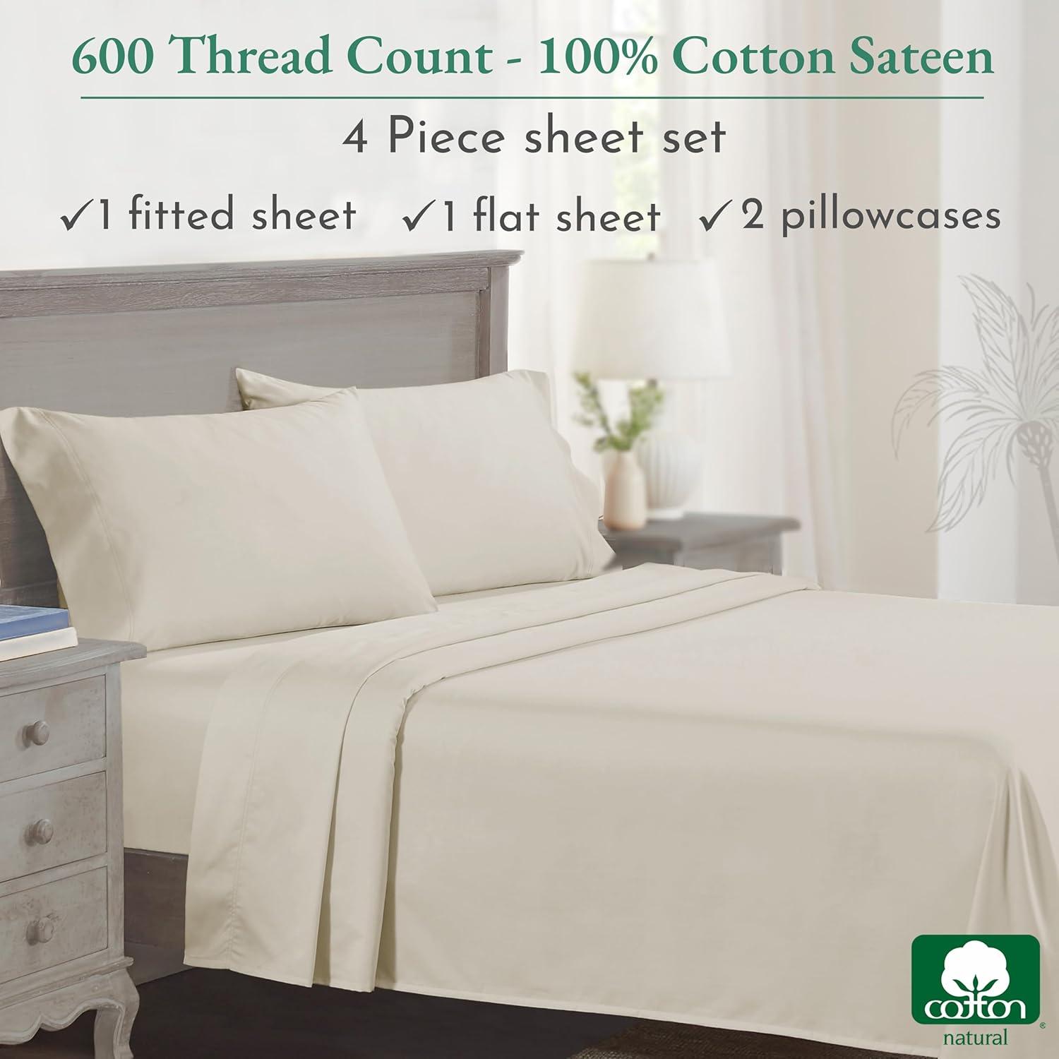 5-Star Luxury Sheet Set | 600 Thread Count 100% Cotton Sateen | Soft & Crisp Bed Sheets with Deep Pockets by California Design Den