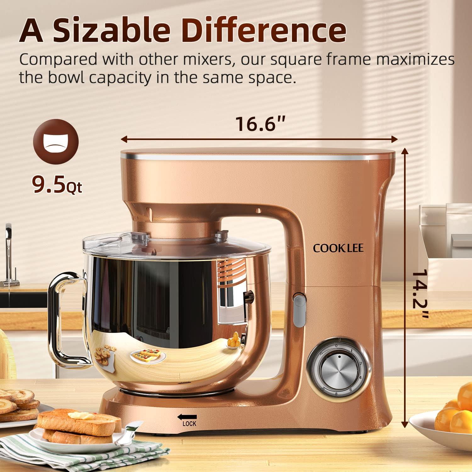 COOKLEE Stand Mixer, 9.5 Qt. 660W 10-Speed Electric Kitchen Mixer with Dishwasher-Safe Dough Hooks, Flat Beaters, Wire Whip & Pouring Shield Attachments for Most Home Cooks, Champagne