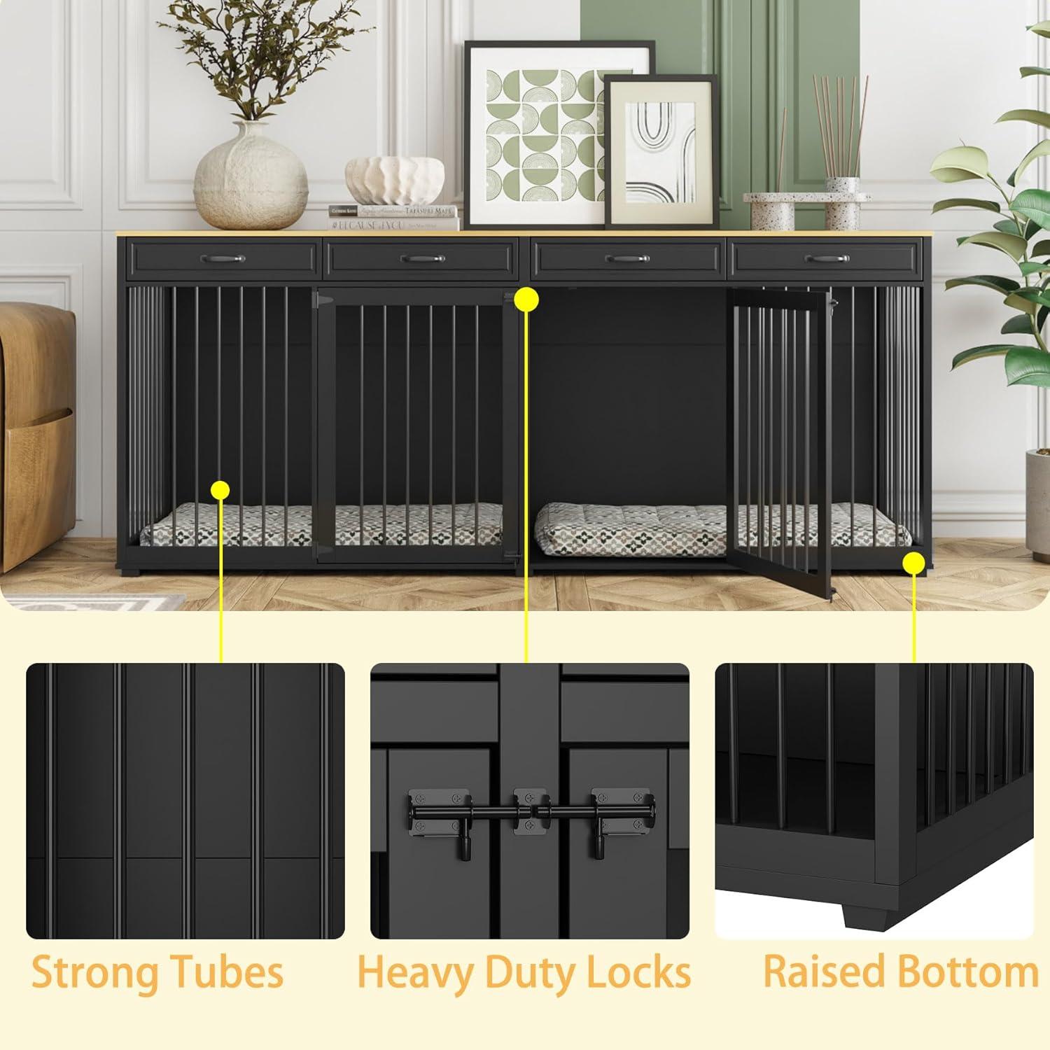 Famapy Spacious Large Double Dog Cage Furniture with Multiple Drawers Black
