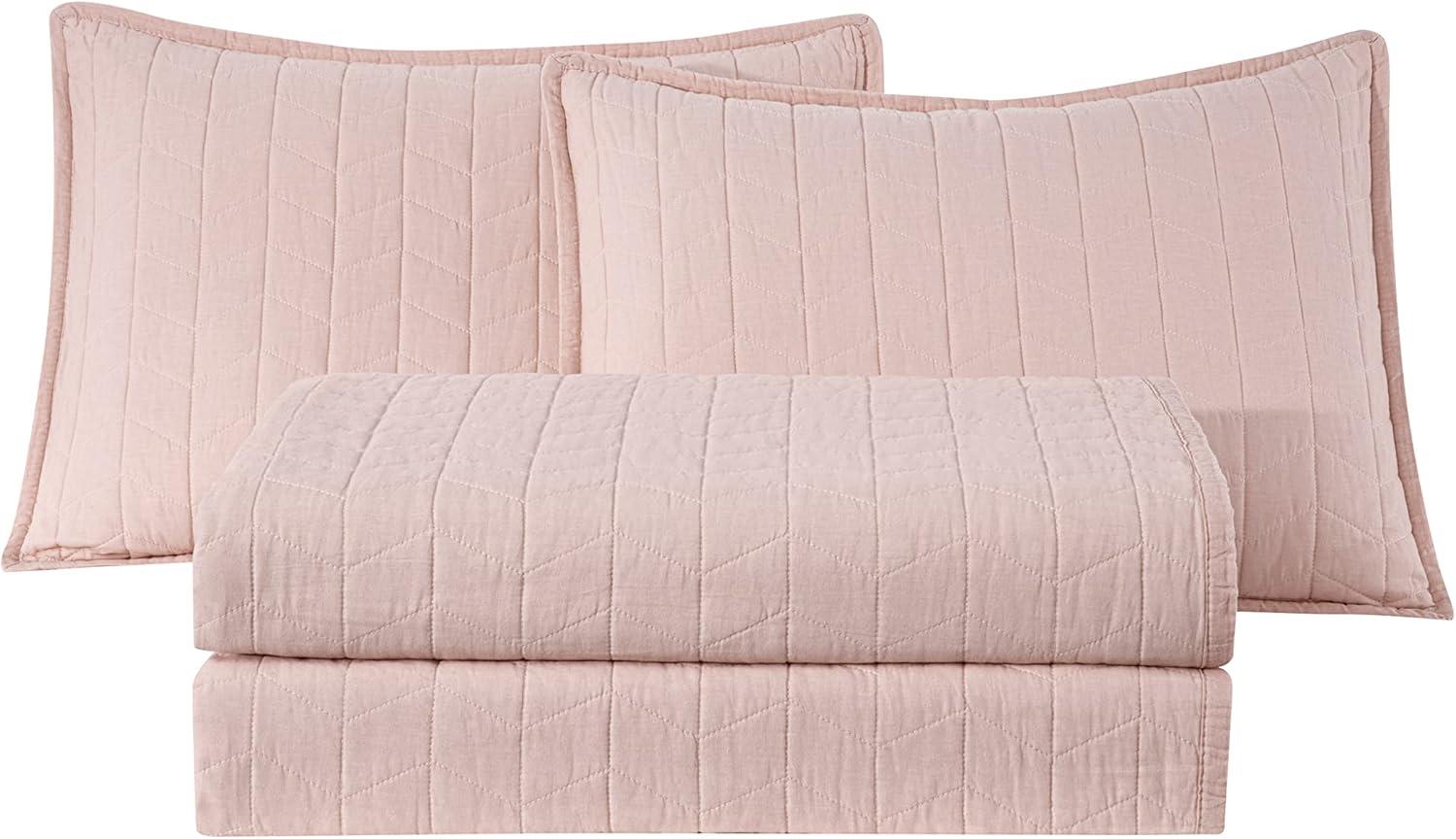 Chezmoi Collection Madrid Herringbone Geometric Solid Cotton Lightweight Quilt, 3-Piece Quilt Set, King, Blush