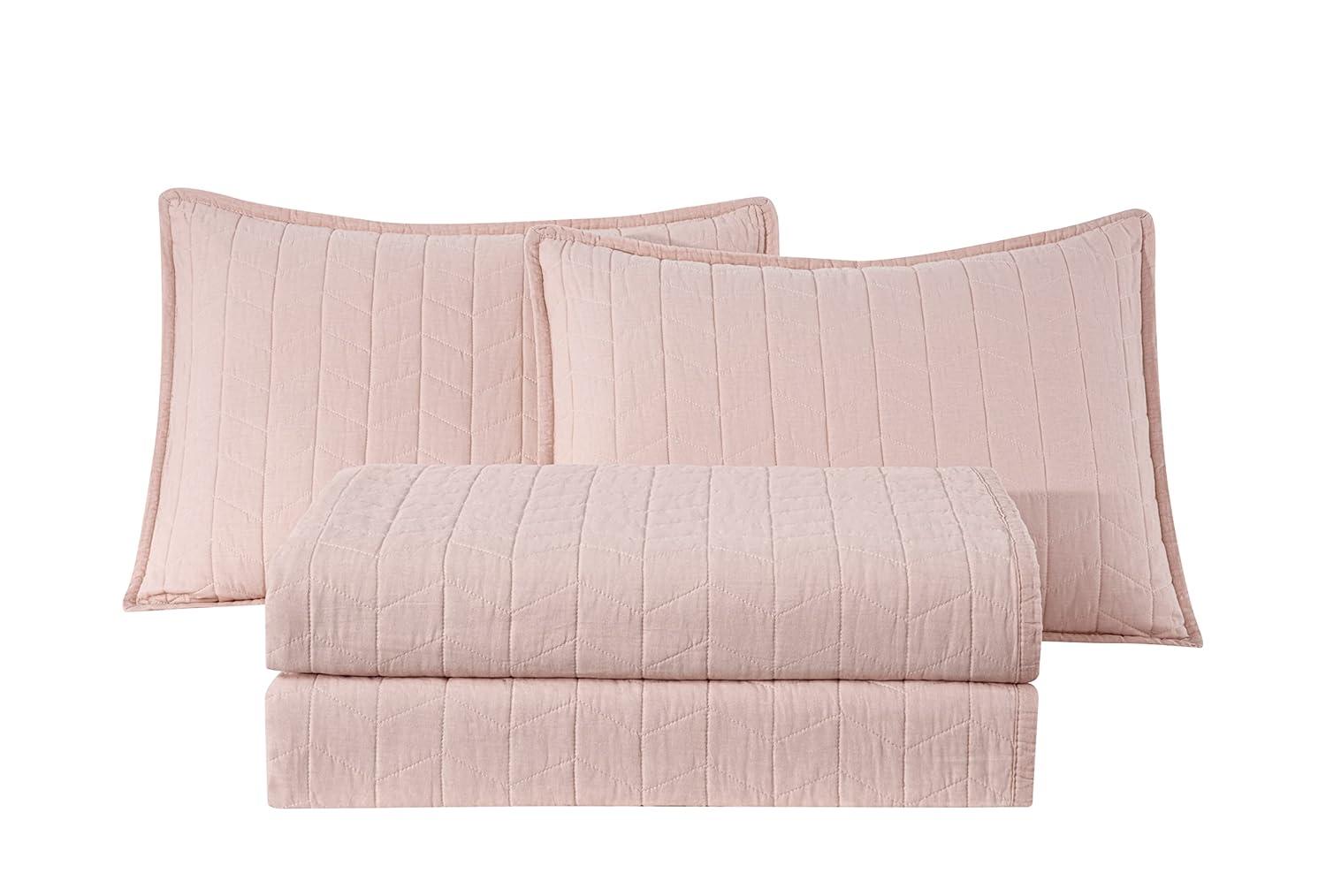 Chezmoi Collection Madrid Herringbone Geometric Solid Cotton Lightweight Quilt, 3-Piece Quilt Set, King, Blush