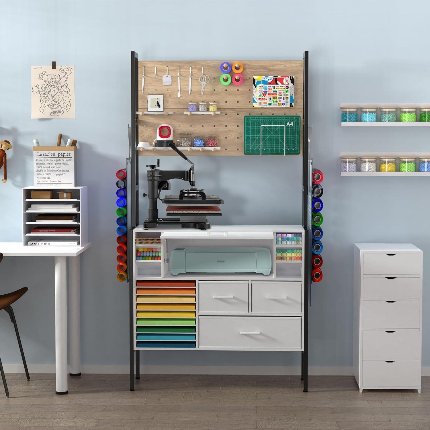 White and Black Steel Craft Storage Cabinet with Pegboard