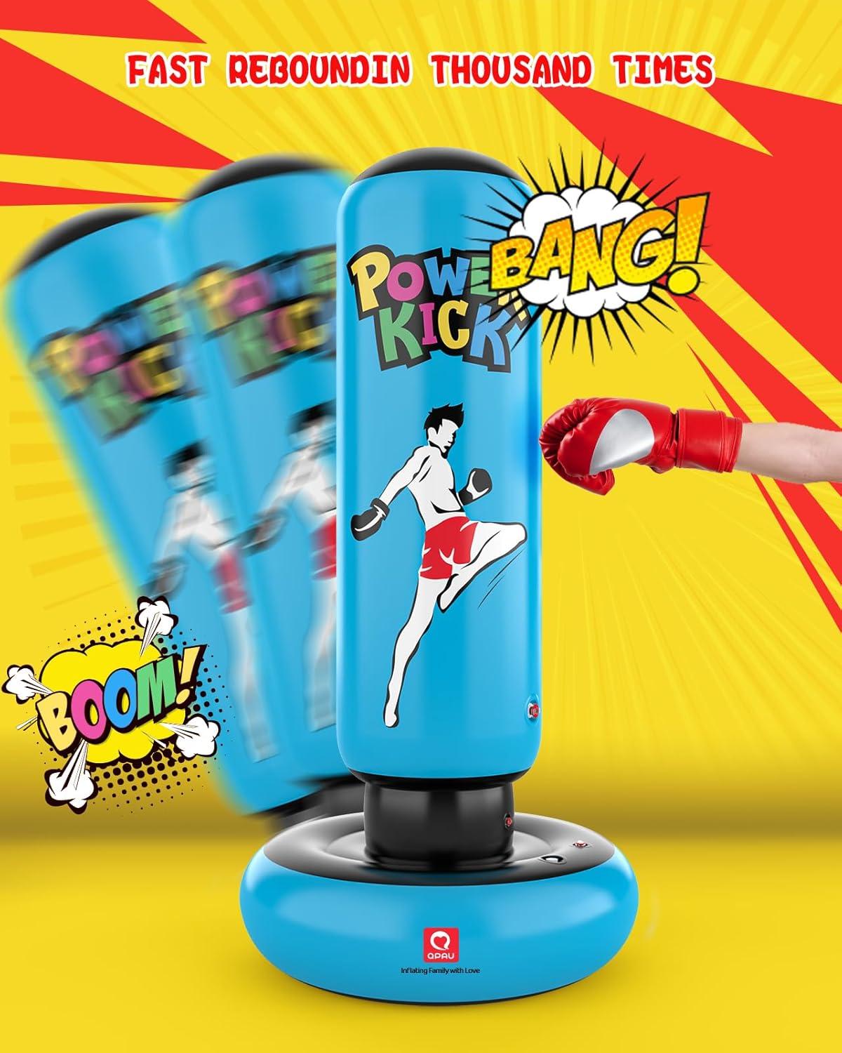 QPAU Larger Punching Bag for Kids, 66" Inflatable Boxing Bag, Gifts for Boys & Girls Age 6-12 for Practicing Karate, Taekwondo, MMA and to Relieve Pent Up Energy in Kids and Adults (Blue)