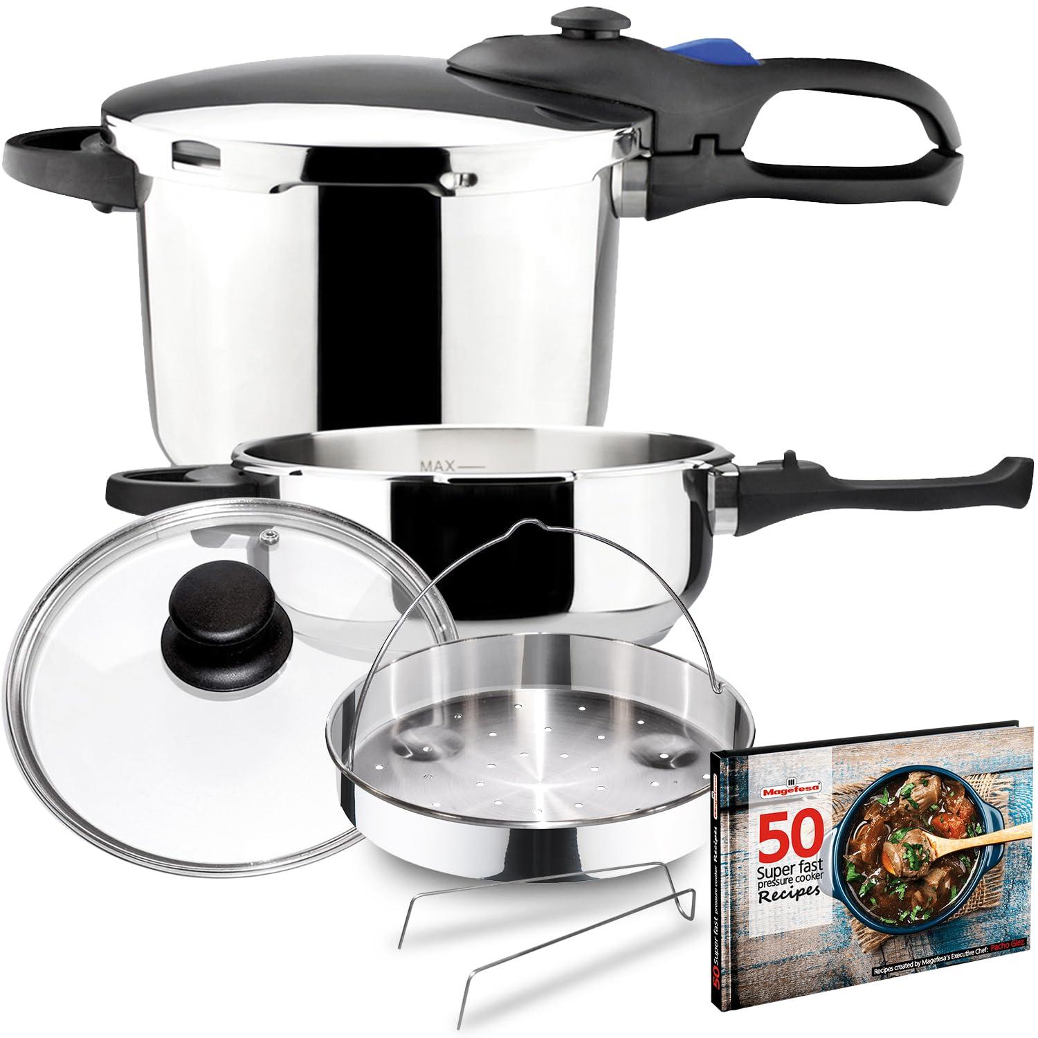 MAGEFESA Favorit Six Fast-Cooking Pressure Cooker Set, 3.2 Qt & 6.3 Qt, Stainless Steel, Induction Compatible, Heat Diffuser Base, 5 Safety Systems – Special Edition (Steam Basket, Lid & Recipe Book)