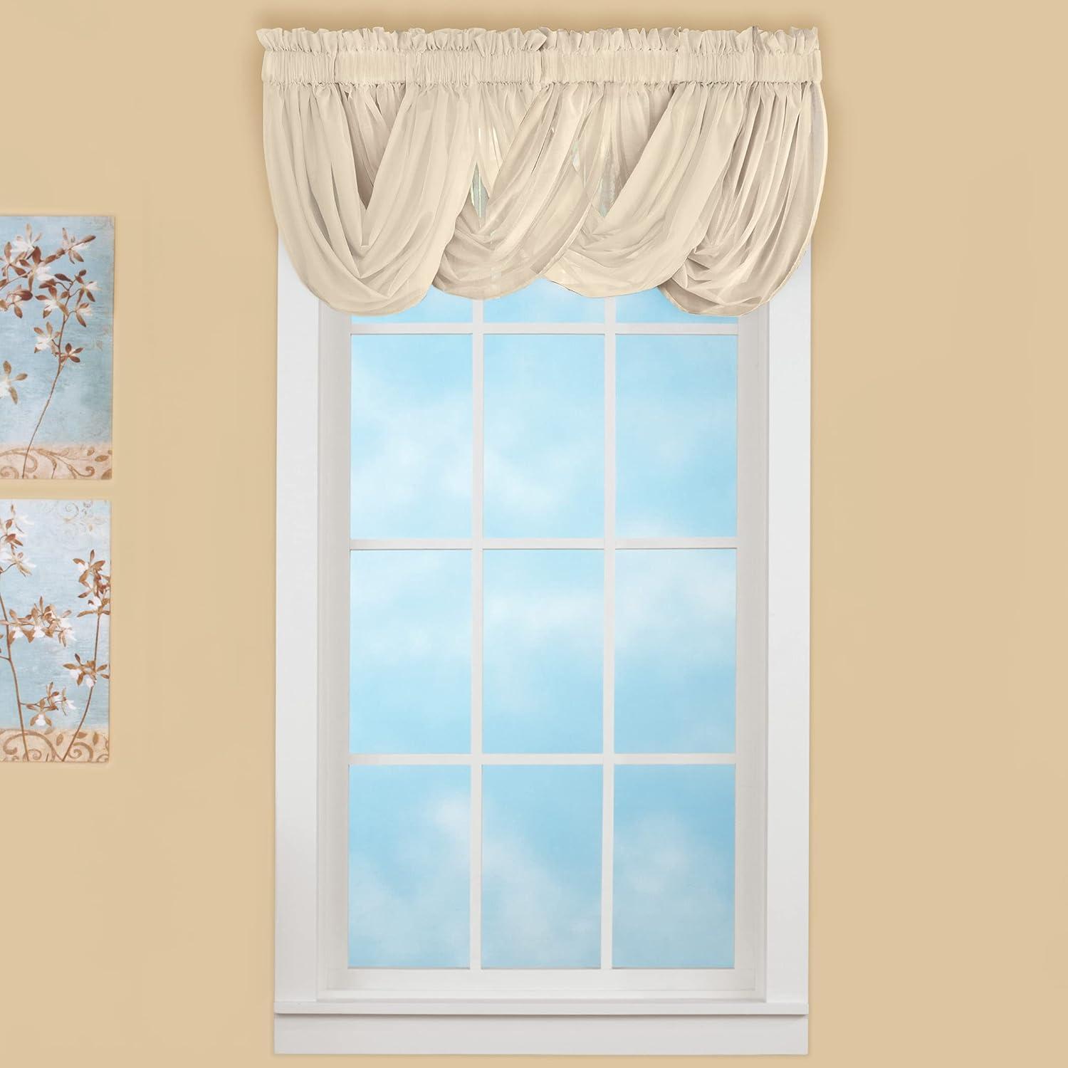 Collections Etc Scoop Two-Piece Rod Pocket Solid-Colored Sheer Valances for Windows, Decorative Accent and Added Privacy for Any Room in Home, Cream