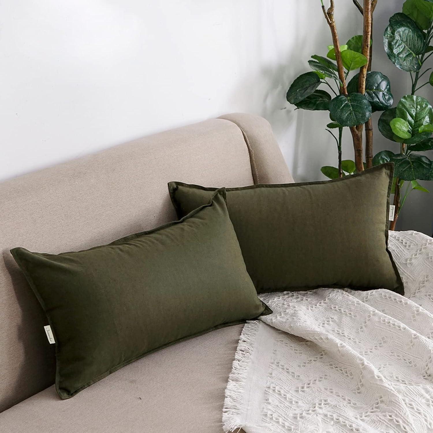 Jeanerlor Cotton Linen Square Decorative Throw Pillow Case Cushion Cover with Twin Needles Stitch on Edge, 12"x20"(30 x 50cm), 2 Pcs, Olive Green