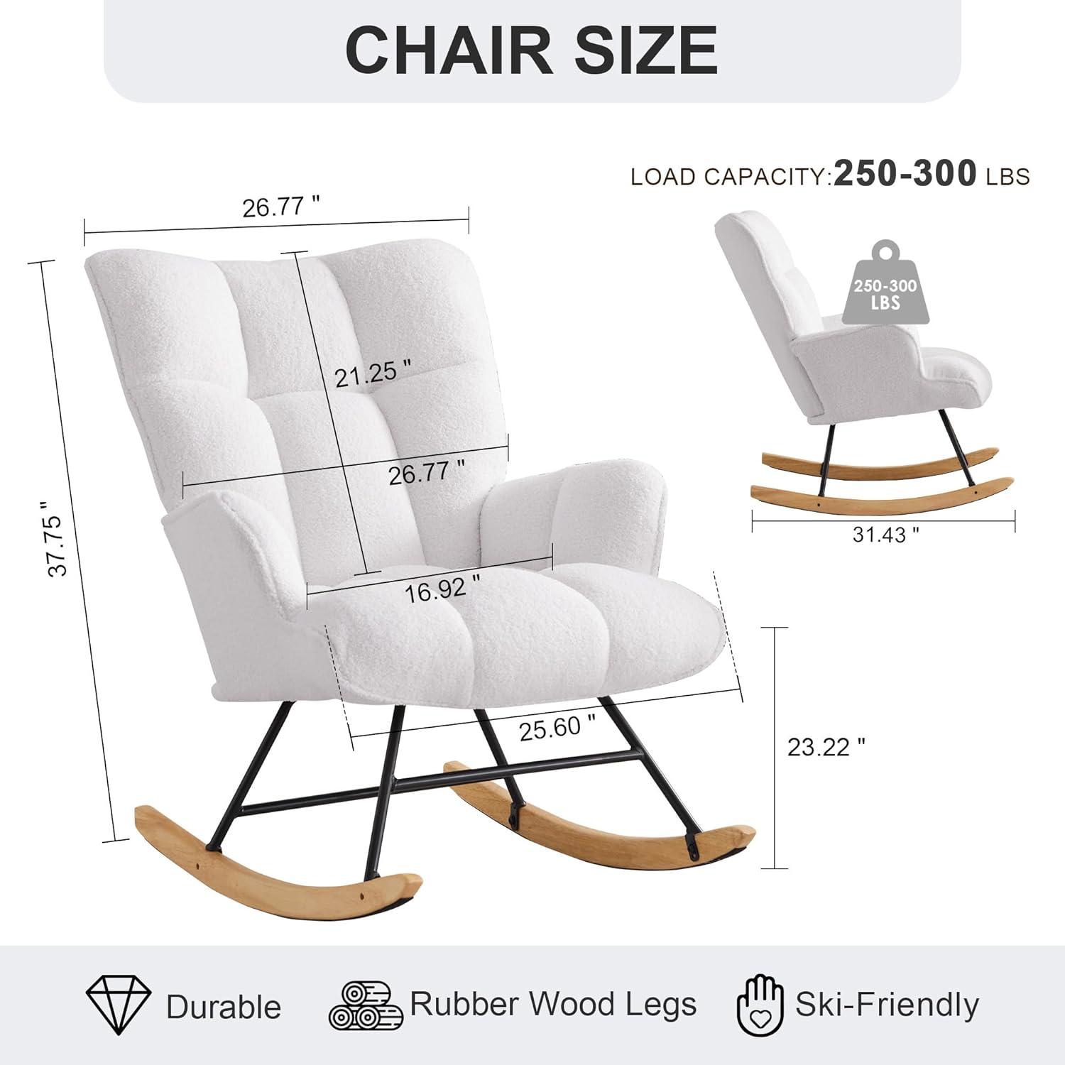Nursery Rocking Chair Teddy, Upholstered Glider Rocker with High Backrest, Comfortable Stylish Accent Armchair with Padded Seat for Living Rooms, Bedrooms, Offices