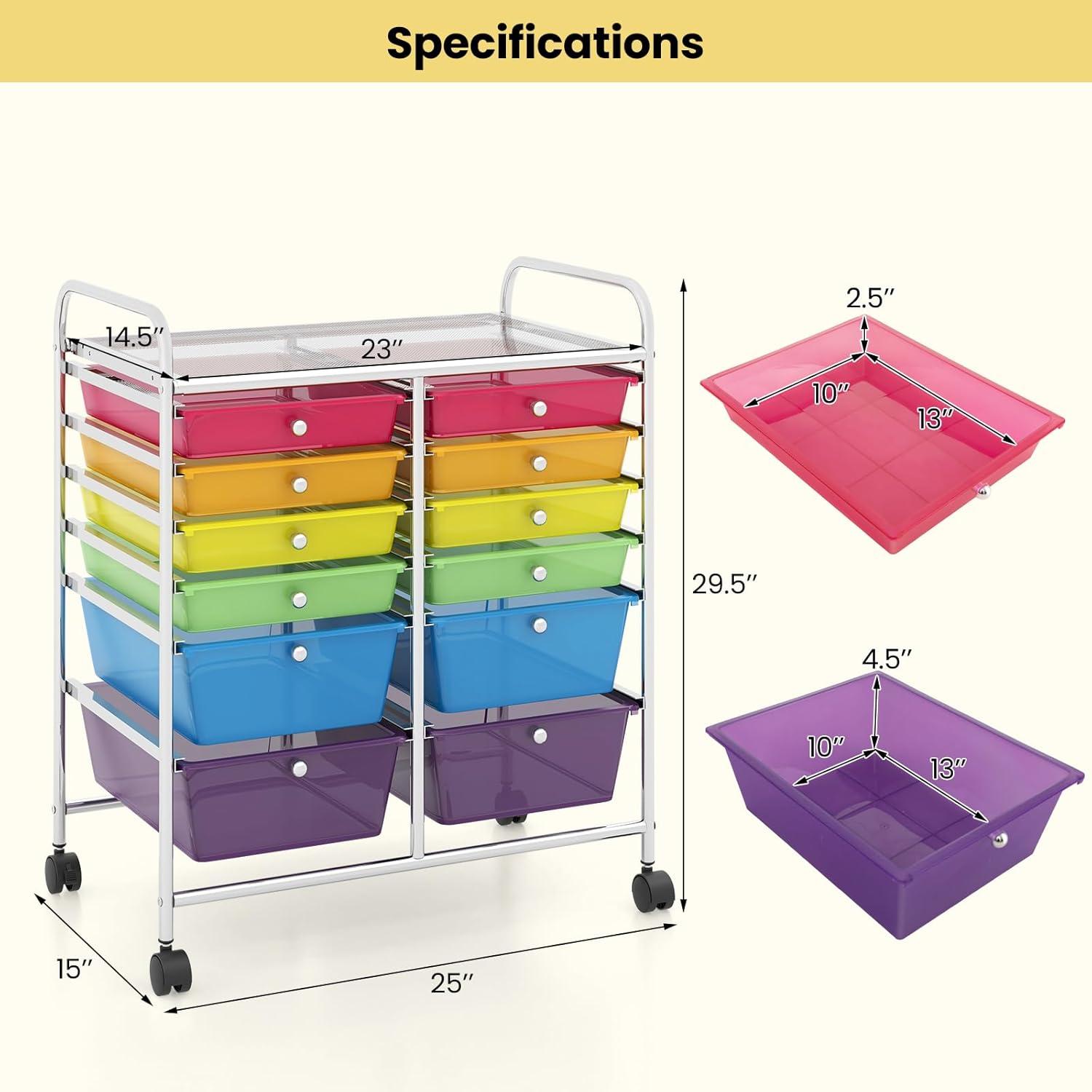 Topbuy 12-Drawers Rolling Storage Cart with Organizer Top Multi Color