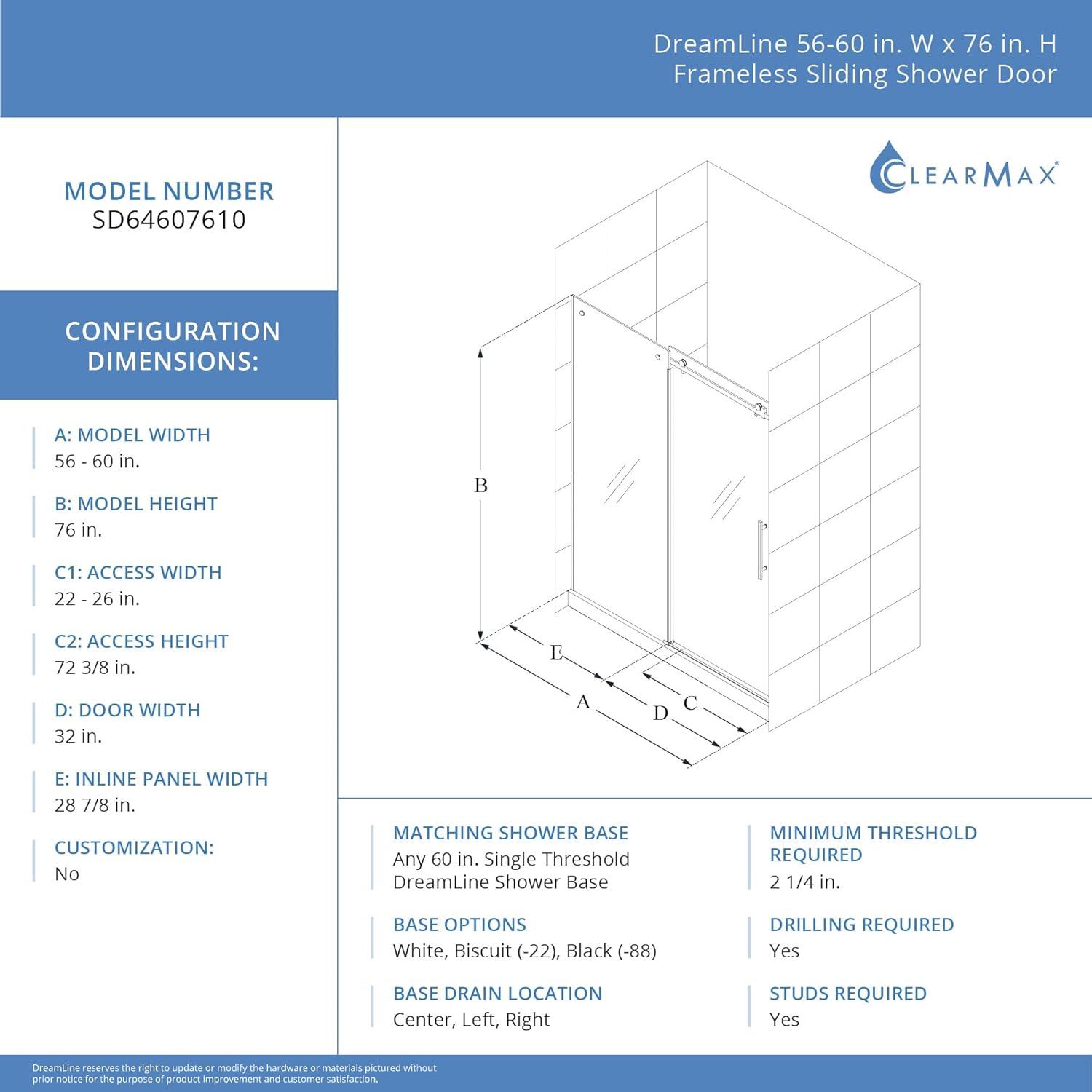 Seneca 56-60 in. W x 76 in. H Frameless Sliding Shower Door in Polished Stainless Steel