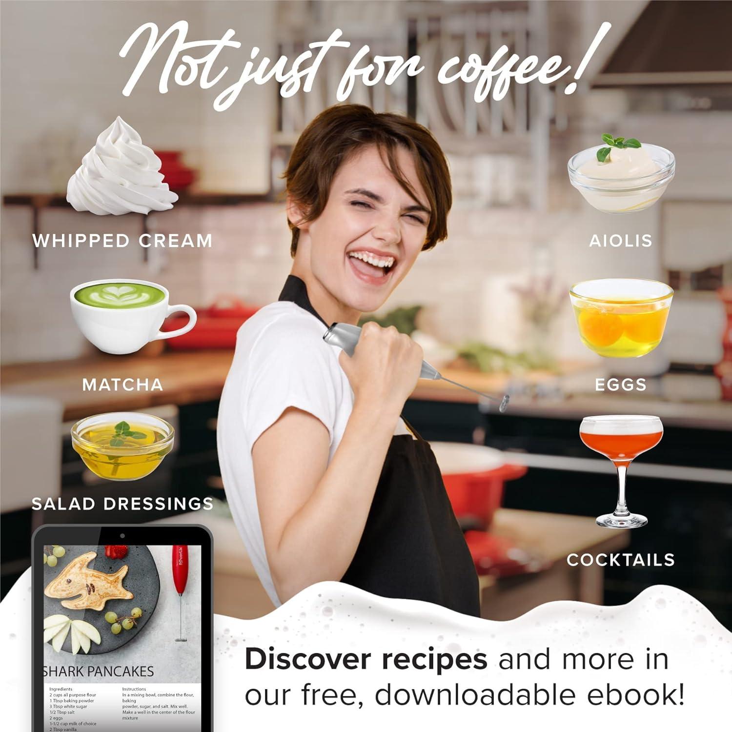 PowerLix Milk Frother Handheld Battery Operated Electric Whisk Foam Maker For Coffee With Stainless Steel Stand Included - Titanium Silver