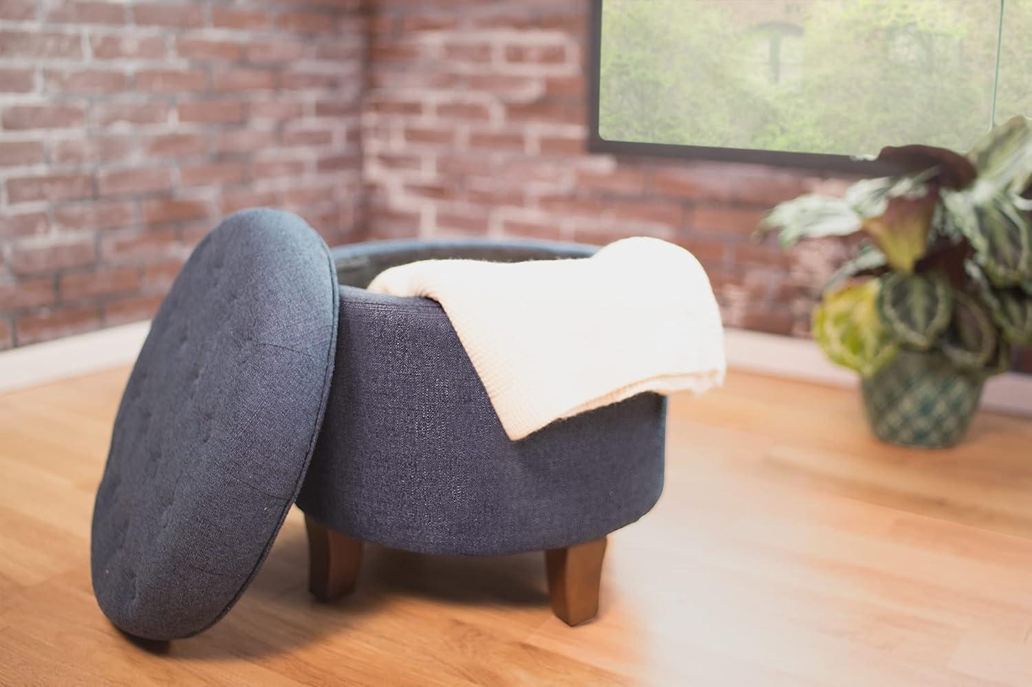 Indigo Round Tufted Storage Ottoman with Wood Legs